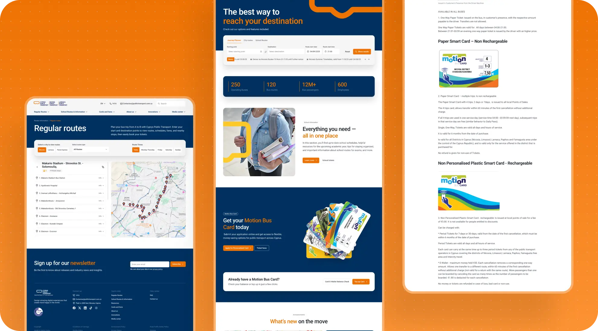 Three CPT screenshots: Regular routes with a map, homepage Journey Planner with Motion cards, and Available in all buses ticket types.