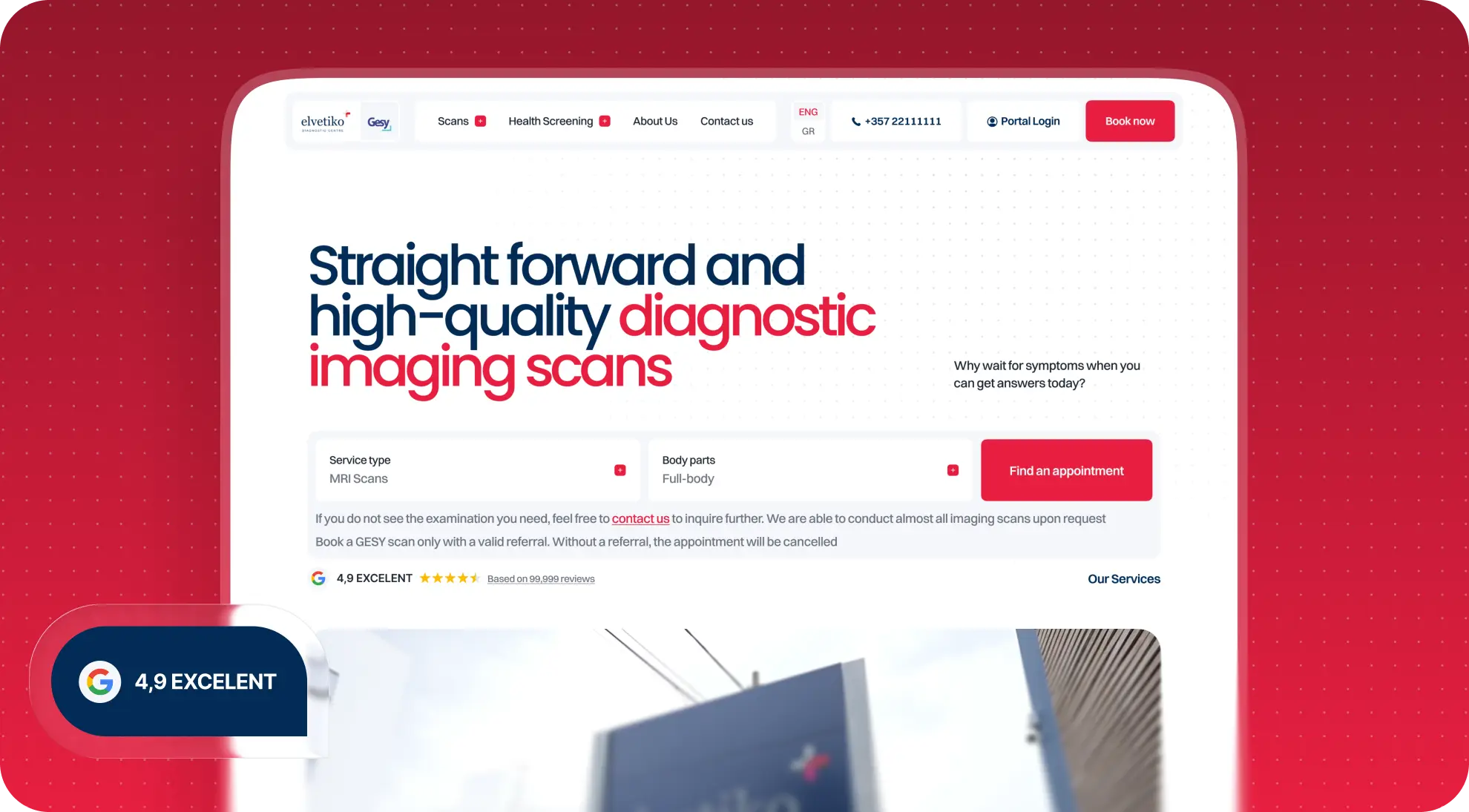 Elvetico homepage hero with Book now navigation, an MRI booking widget, a 4.9 Google rating, and a clinic building photo preview on a red background.