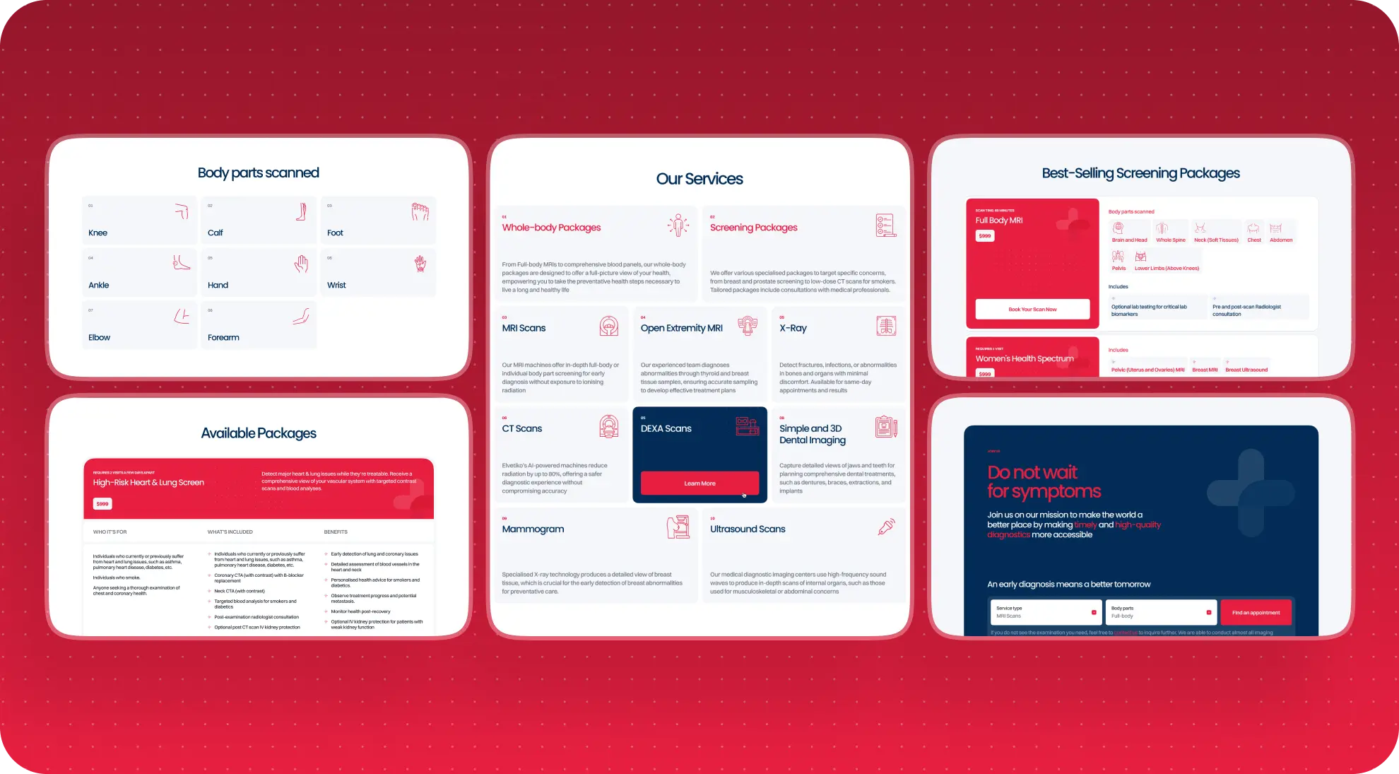 Five Elvetico UI screenshots: body parts grid, High-Risk Heart & Lung package, Our Services list, best-selling screening packages, and a Do not wait for symptoms booking CTA.
