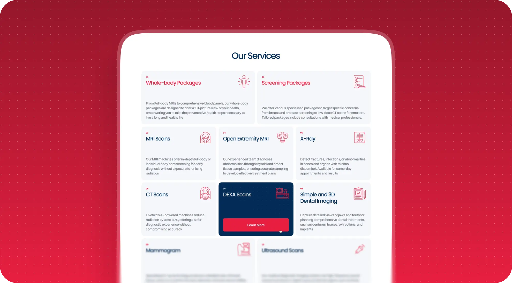 Elvetico Our Services grid of diagnostic cards with DEXA Scans highlighted by a Learn More button.