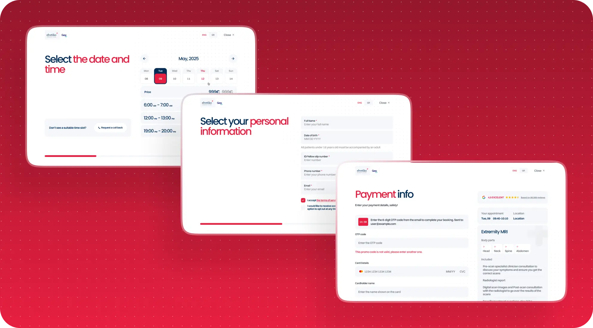 Three Elvetico booking flow screenshots: date and time selection, personal information form, and payment info with appointment summary.