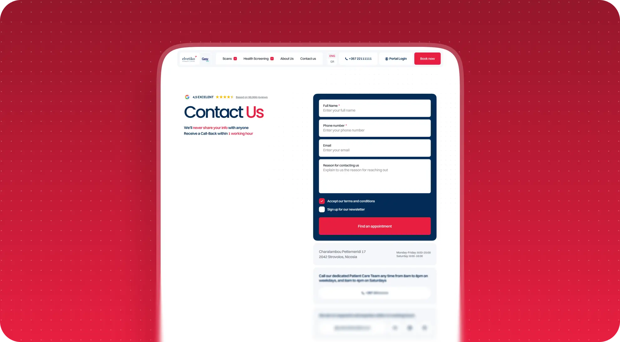 Elvetico Contact Us page with a dark blue callback form, Google rating badge, Nicosia address, and opening hours.