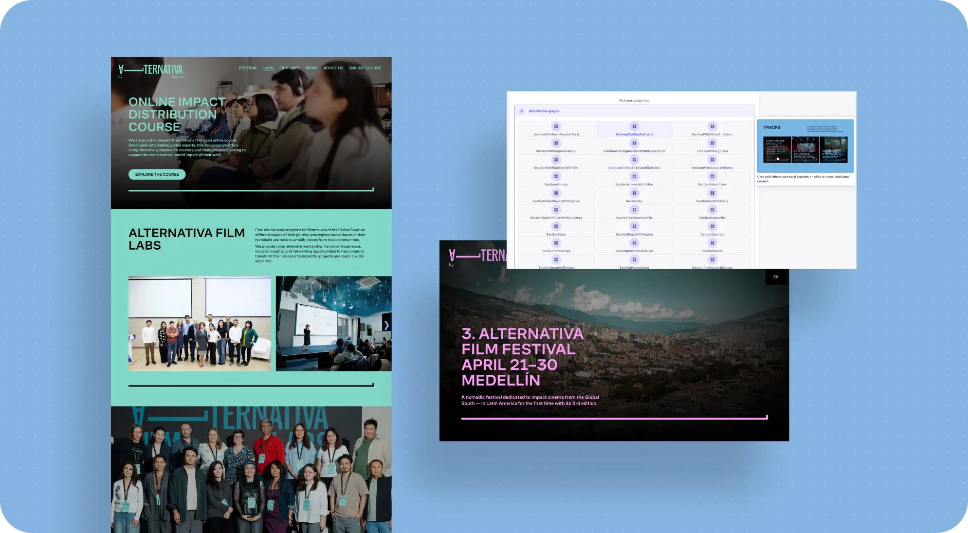 Three Alternativa screenshots: Online Impact Distribution Course homepage block, Medellin festival hero, and a Pick one component CMS modal.