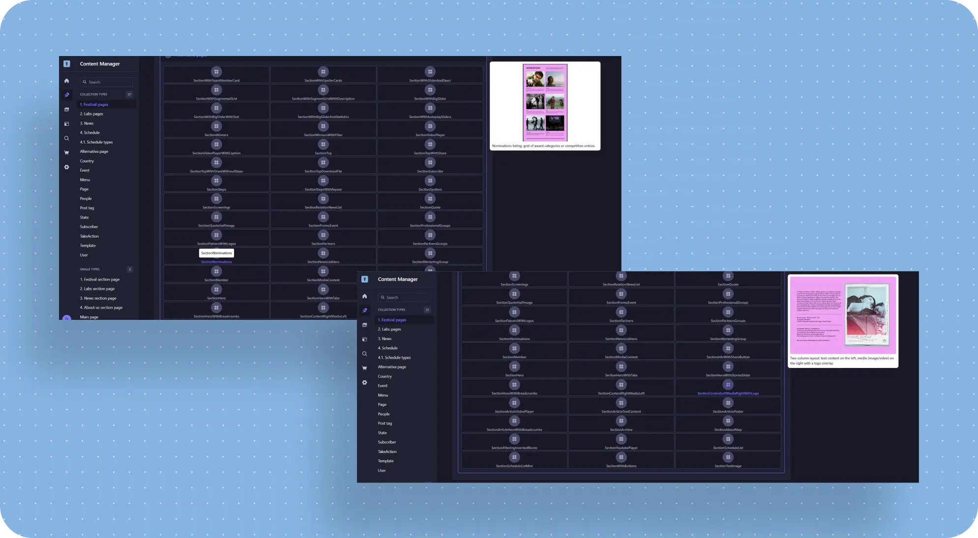 Two Strapi component picker screenshots with hover previews for SectionNominations and SectionContentRightMediaLeft.