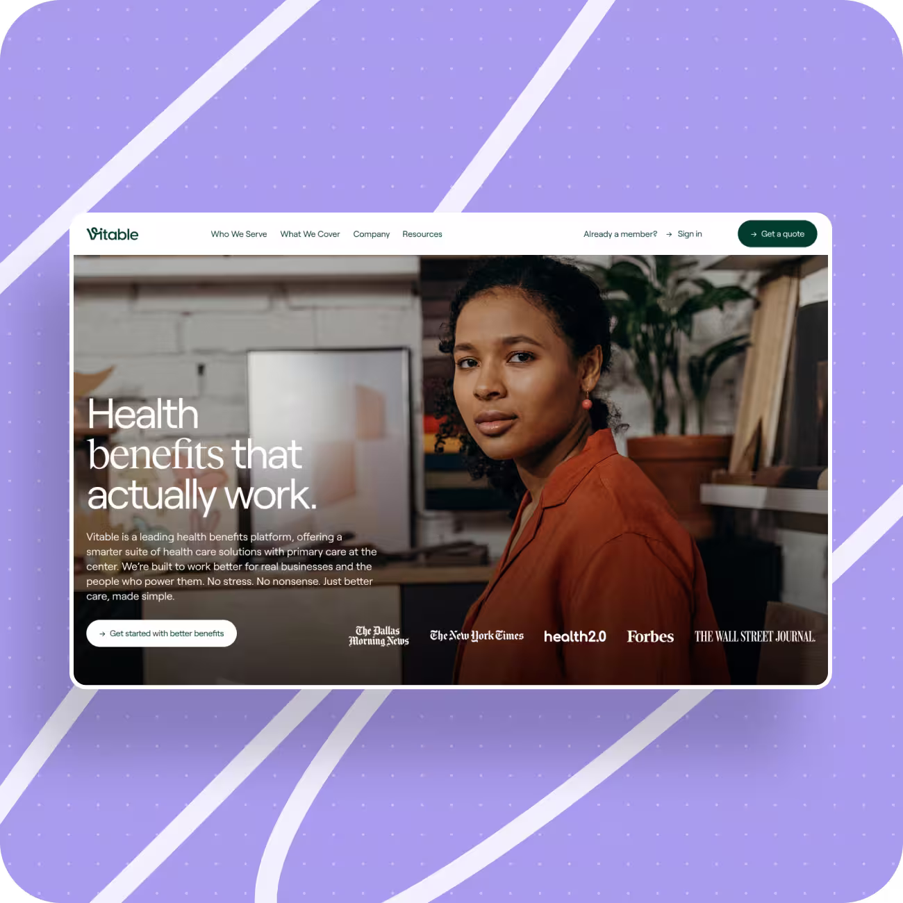 Website screenshot showing a health benefits platform with a woman in orange, featuring text about better care and media logos.