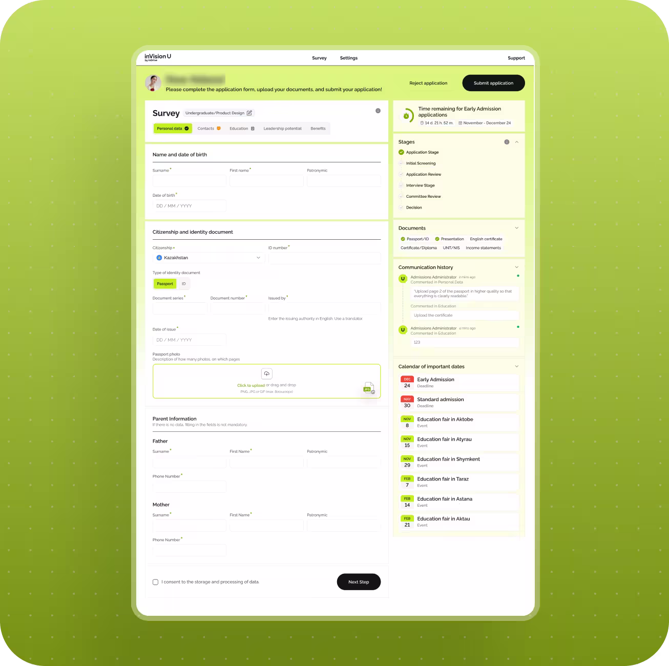 Online university application form interface showing personal data, citizenship documents, parent info, application stages, and important admission dates.