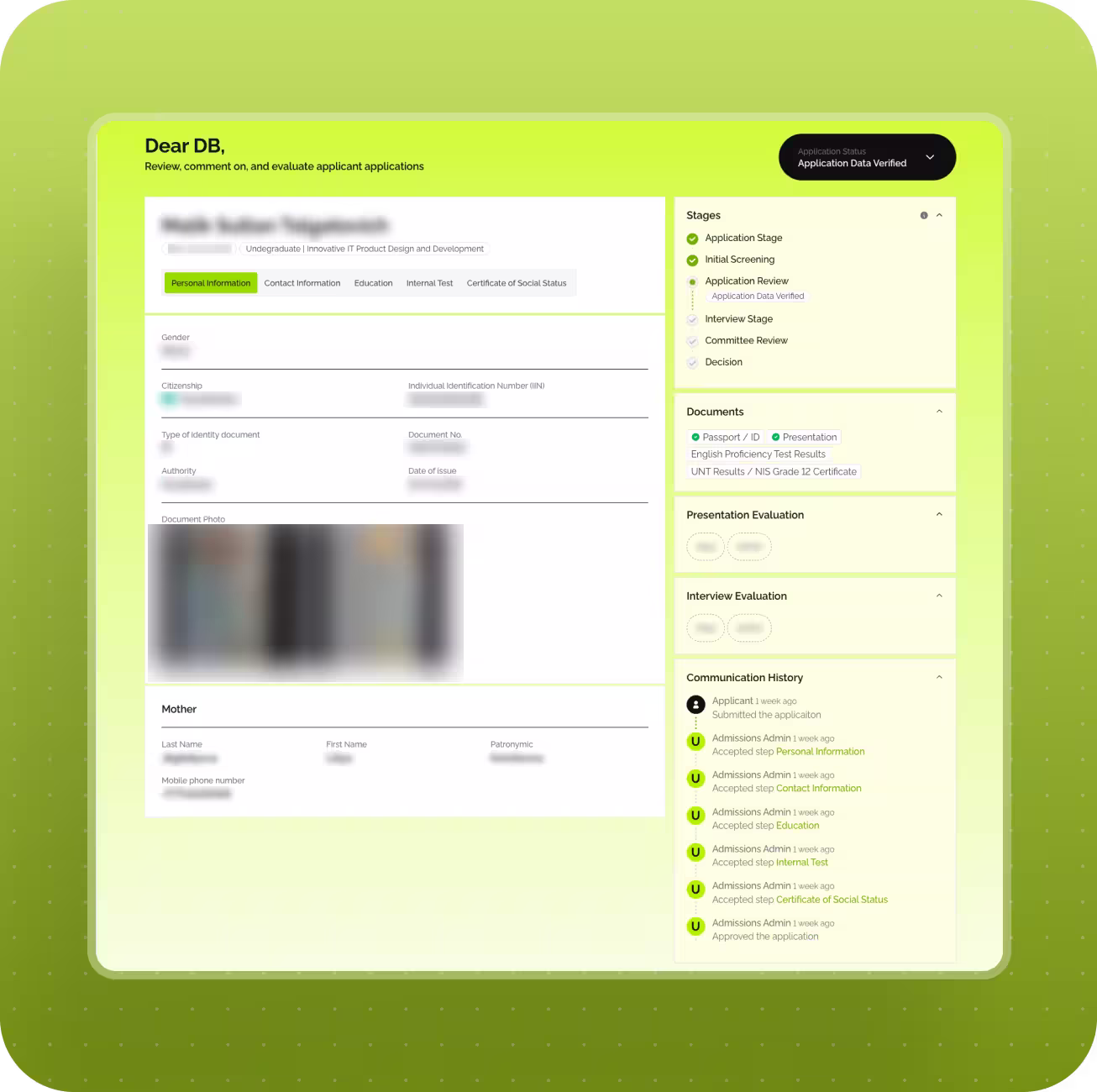 Applicant review dashboard showing personal information, application stages, document uploads, and communication history for an admissions process.