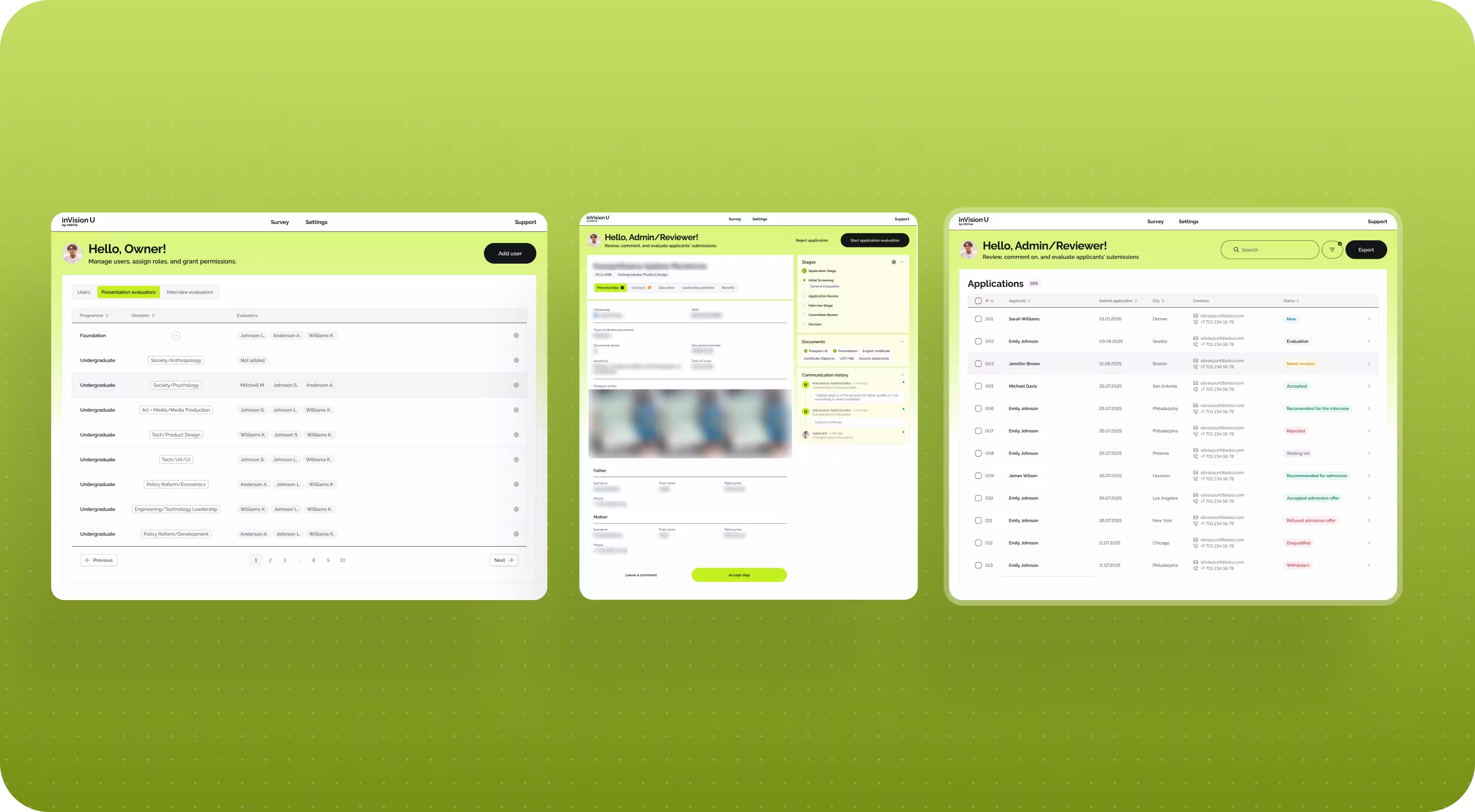 Three web app dashboard screenshots on a bright lime-green background: data tables flank a central detail page, conveying organized digital management.
