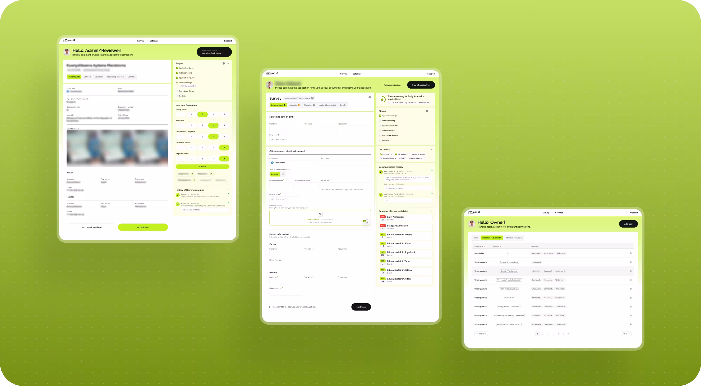 Three floating screenshots of a clean green-and-white web app show a profile page, data form, and tabular records on a lime background.