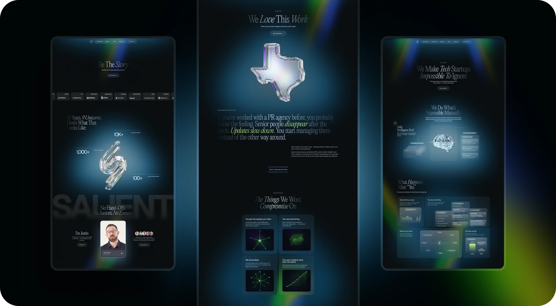 Three dark, futuristic mobile app screens glow with blue and green light; the center features a Texas outline, surrounded by small text and data panels.