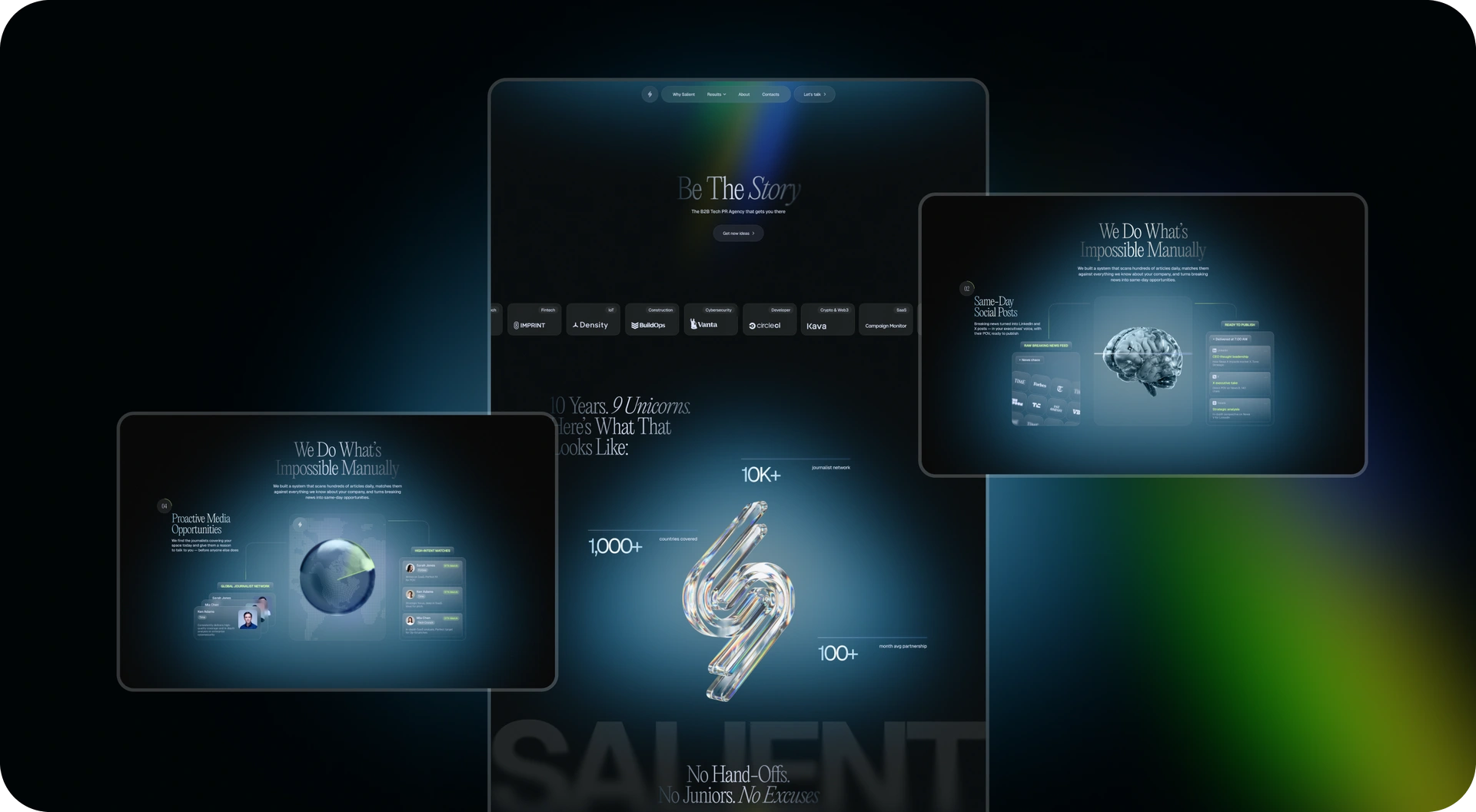 Overlapping futuristic website mockups glow blue and green against black; a central page shows a silver abstract figure, with smaller side panels.