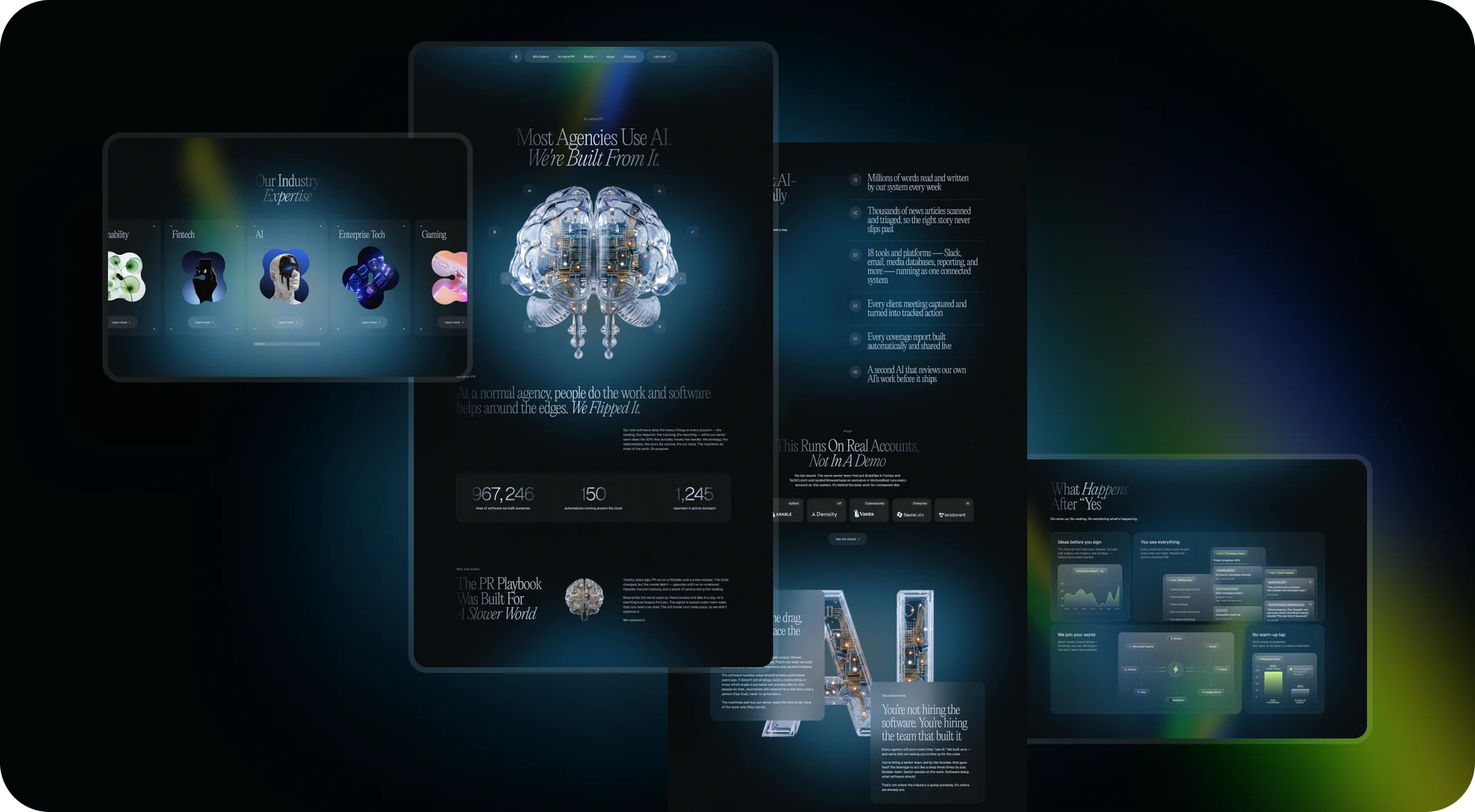 A dark-themed website interface featuring a central brain graphic, industry expertise cards, data metrics, and analytical charts on a gradient background.