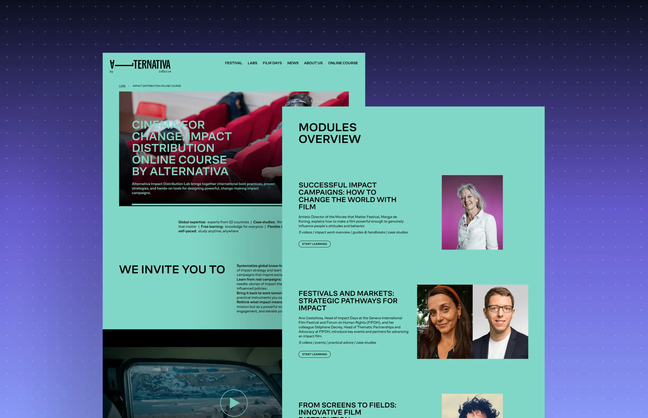 Alt text: “Teal Alternativa website pages on a purple background, featuring climate-impact film content, module headings, portraits, and a video thumbnail.”