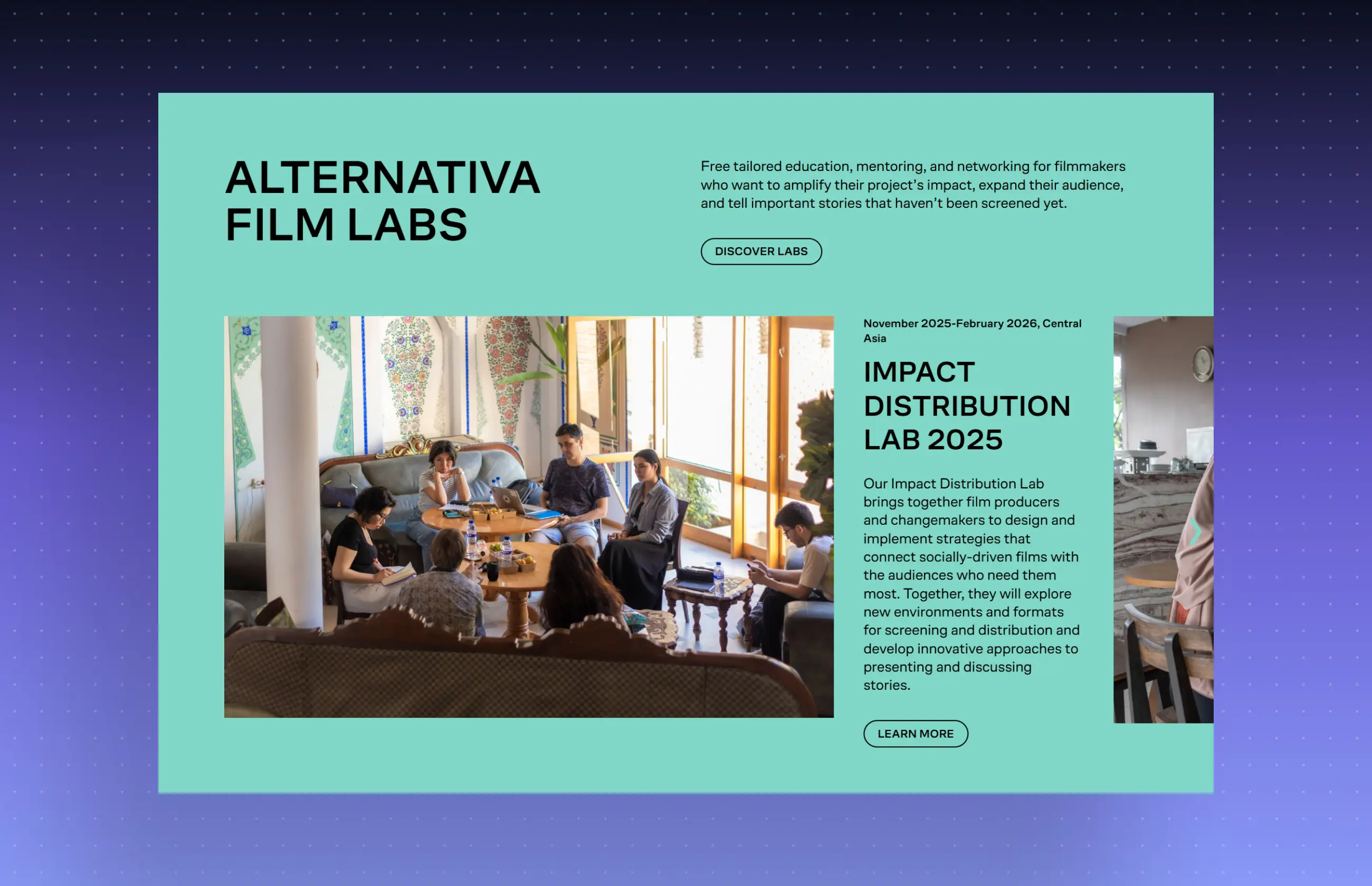 Alternativa Film Labs webpage promotes Impact Distribution Lab 2025, showing a diverse team collaborating around a table in a bright, creative room.