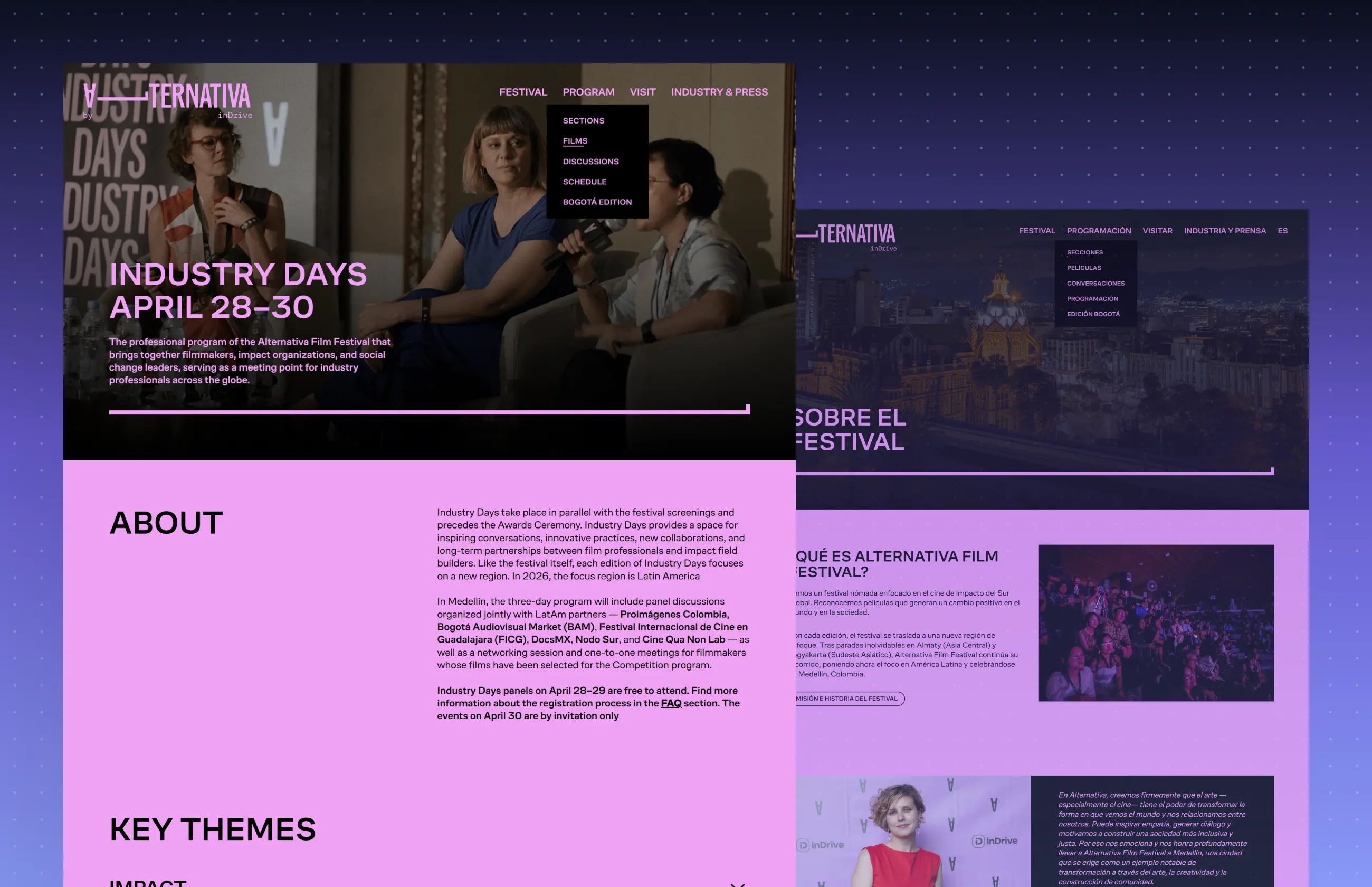 Website mockup for an alternative film festival, featuring purple and pink pages, event dates, films, city imagery, and diverse attendees.