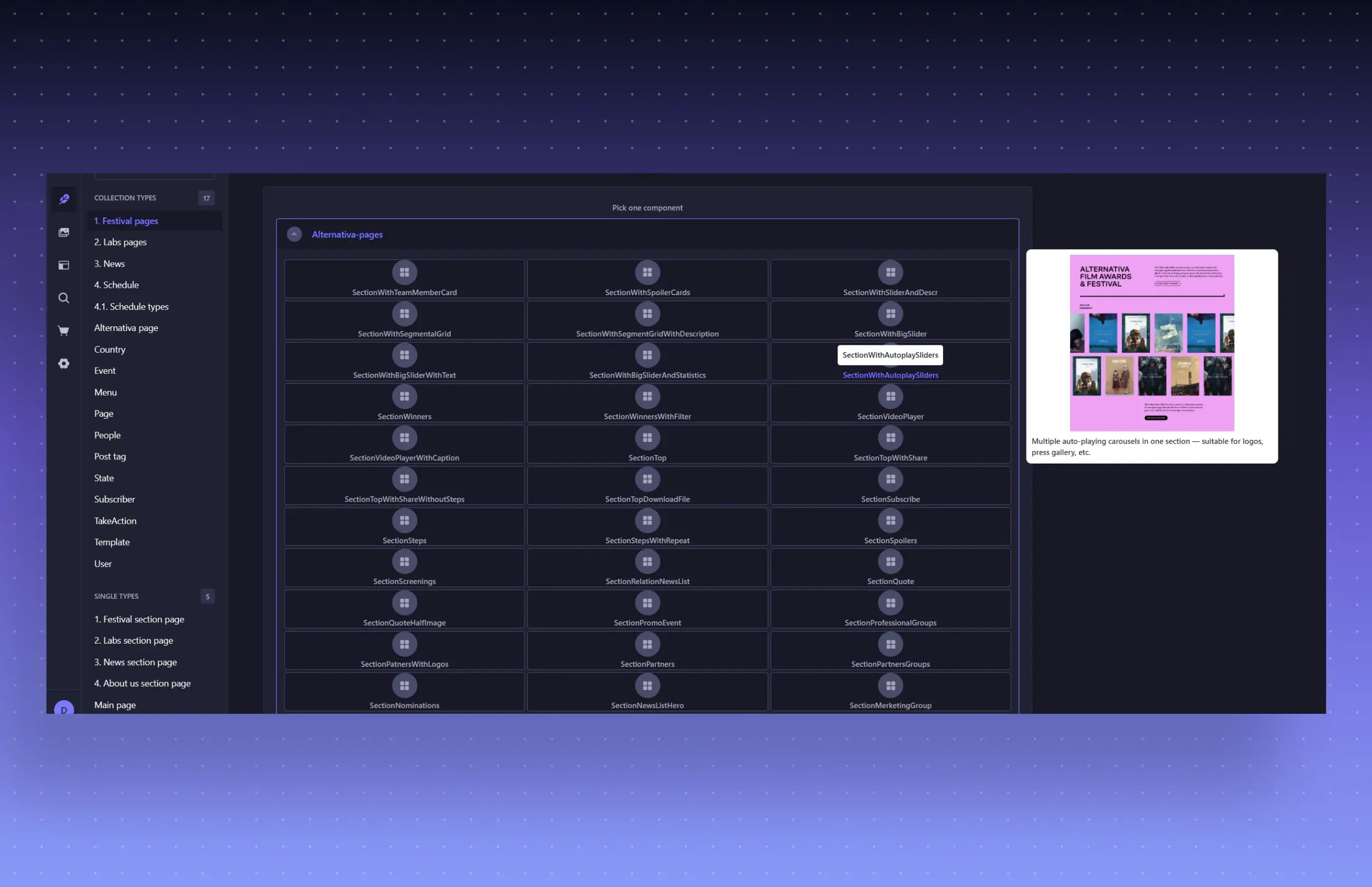 Dark technical dashboard with left navigation, a three-column grid of connected workflow nodes, and a pink webpage preview on the right.