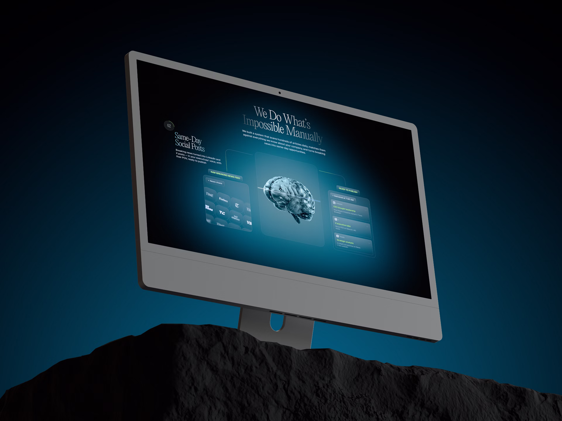 A desktop monitor displays a futuristic brain interface and “We Do What’s Impossible” message above a dark, rugged landscape.