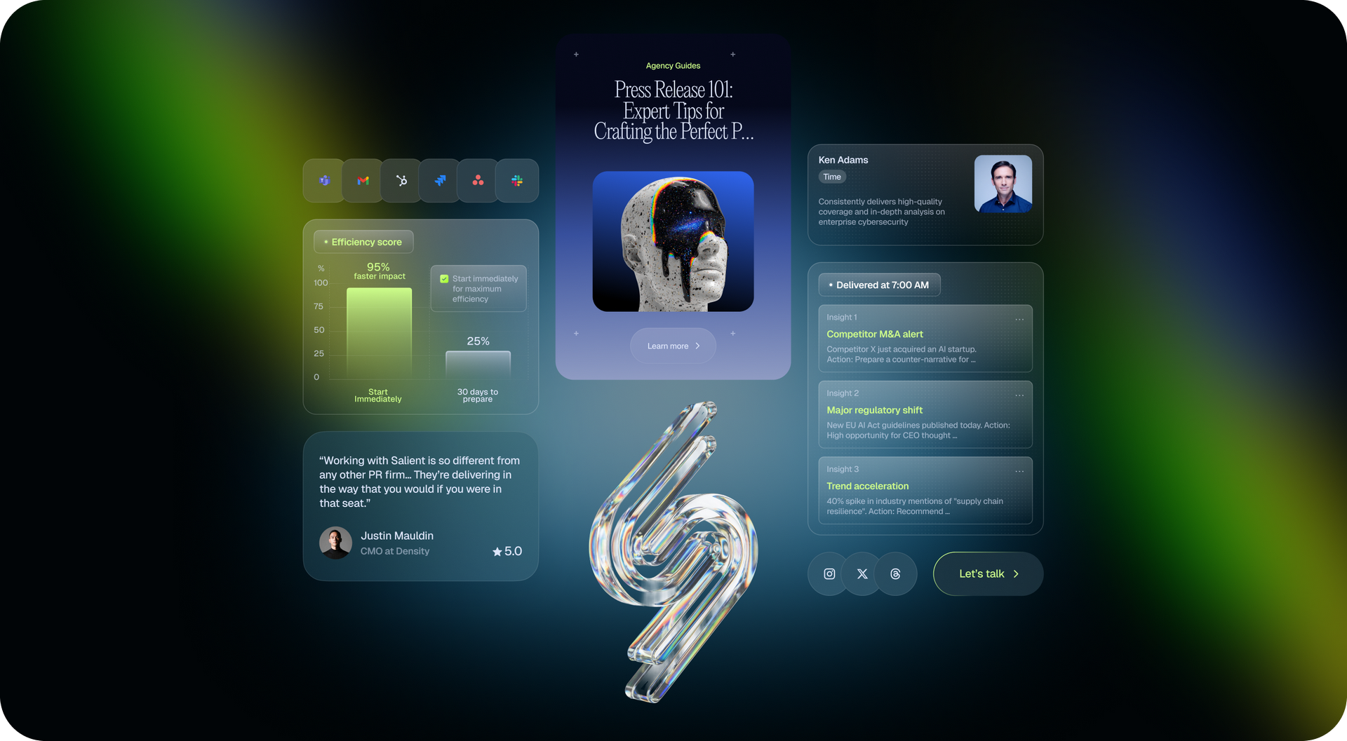 Dark futuristic dashboard with colorful gradient glow, AI health report cards and profile panels, and a chrome 3D ribbon symbol centered below.