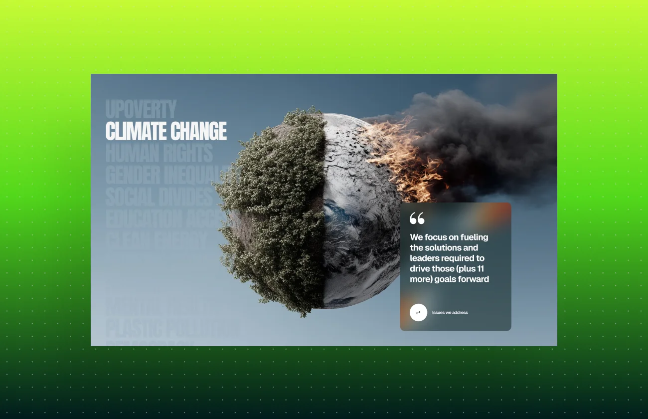 Climate change graphic shows Earth split between a lush, tree-covered side and a burning, smoke-filled side, with an urgent quote.