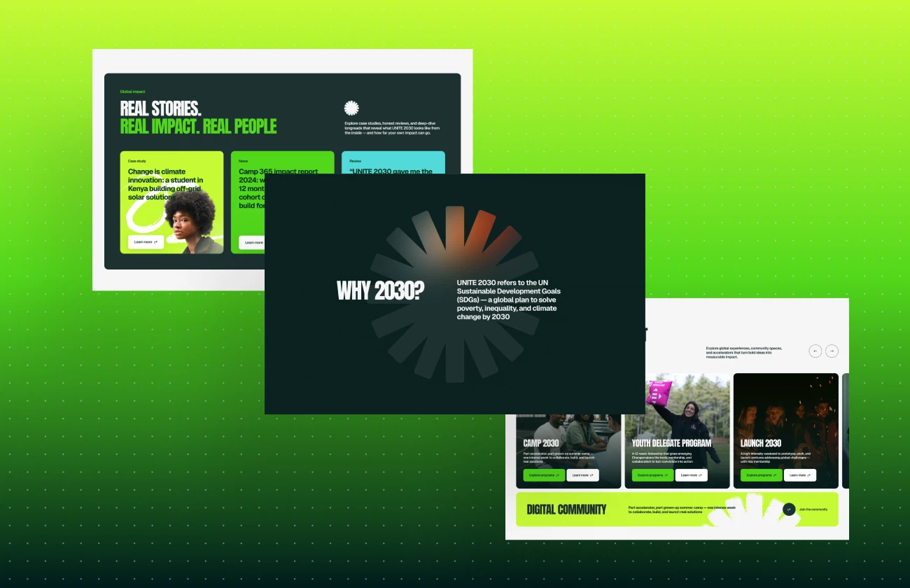 Bright green-and-black website mockups show real stories, a “Why 2030?” message, and community campaign cards, conveying bold social impact.