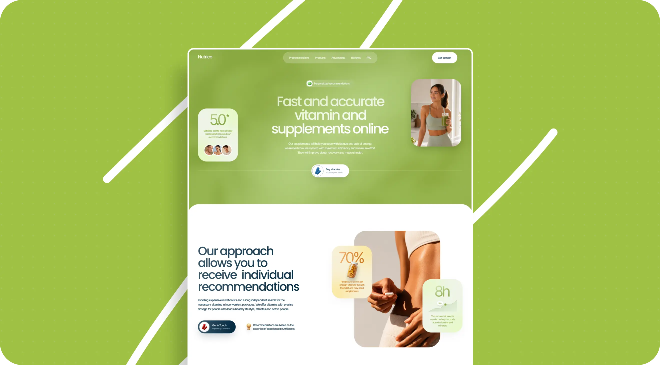 Website mockup for online vitamin and supplement shopping, featuring a smiling woman, product images, health recommendations, and a fresh green design.