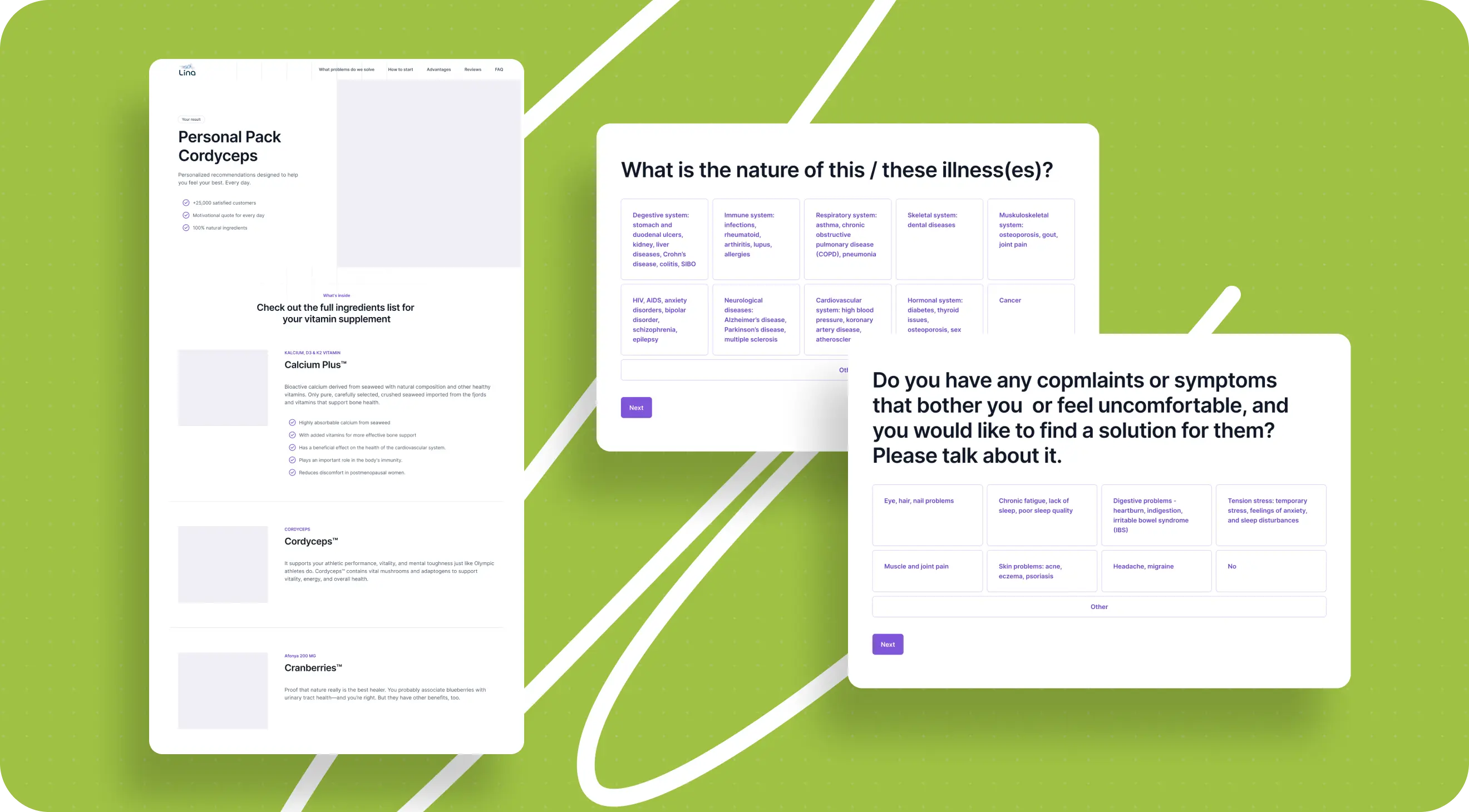 Three overlapping medical questionnaire screens on a lime-green background ask about illness type and symptoms, suggesting digital health screening.