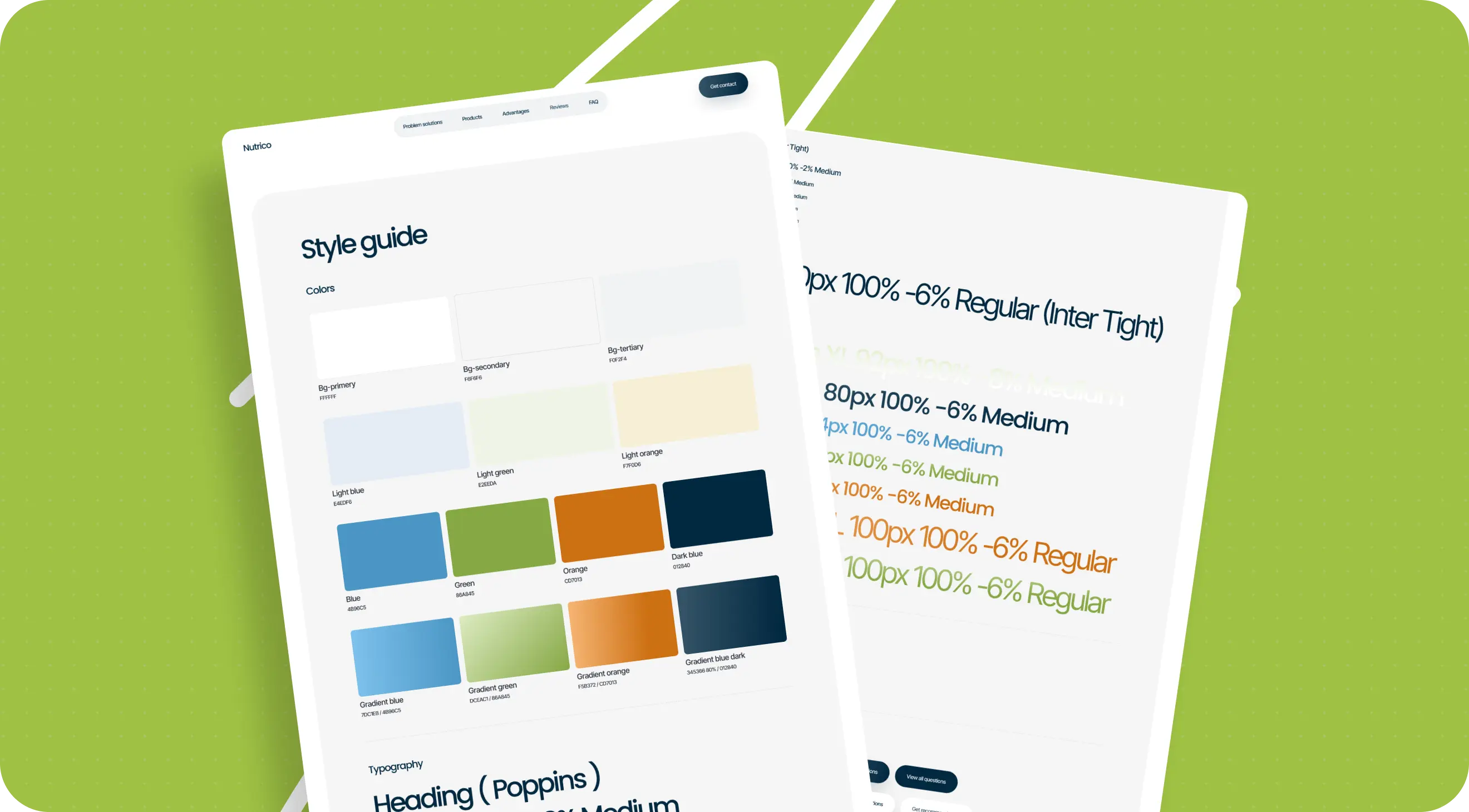 Two overlapping style guide screens show typography samples and a blue, green, orange, and navy color palette on a bright green background.