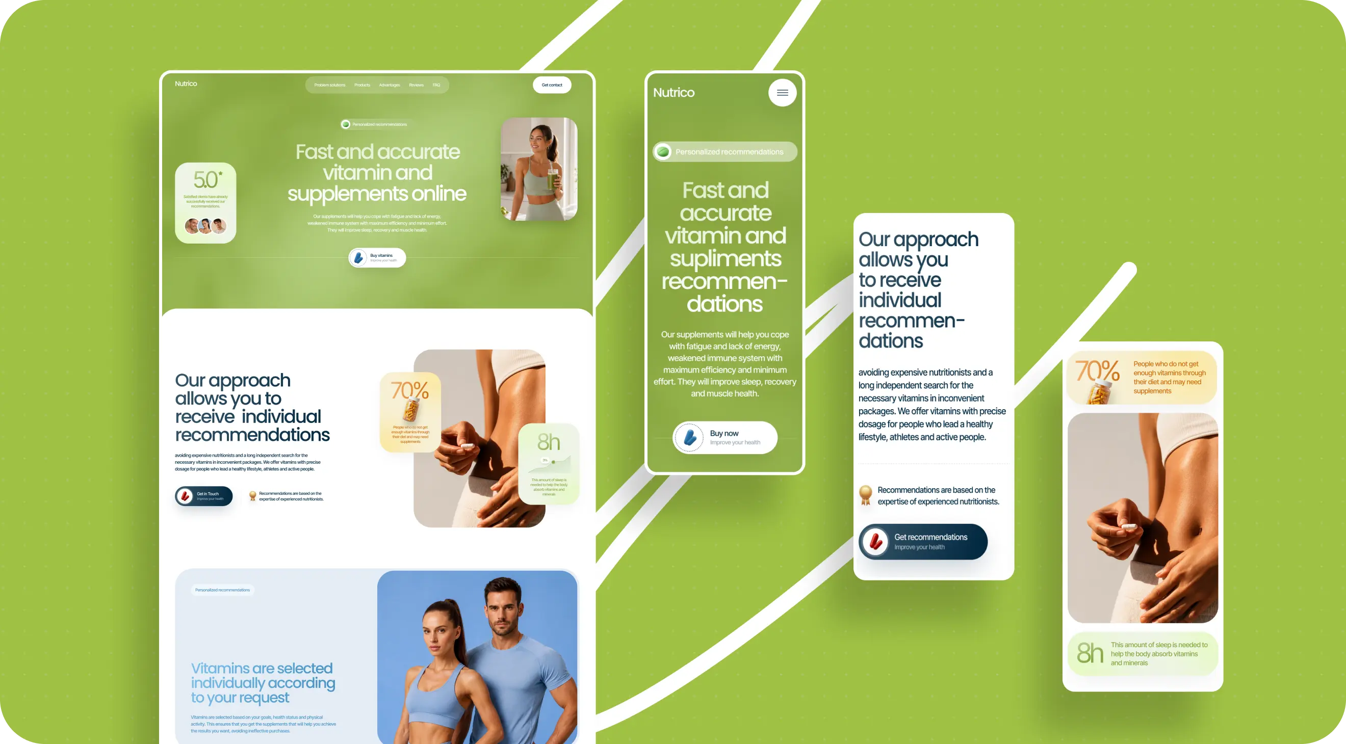 Website mockups on a bright green background promote personalized vitamin and supplement recommendations, featuring diverse people and wellness imagery.