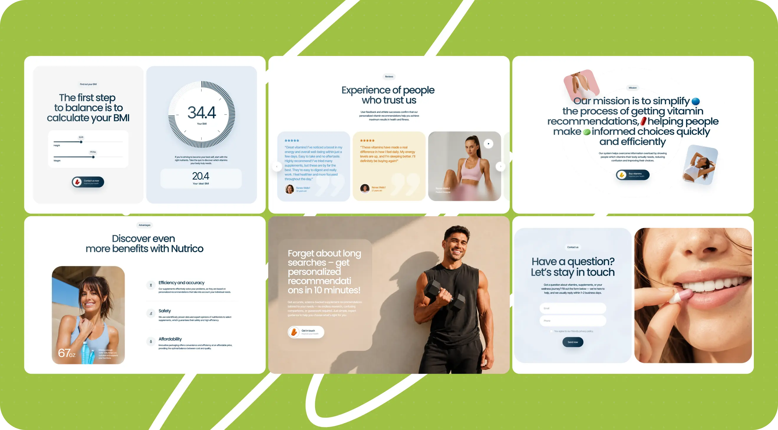 Green-background collage of six Nutrico website panels showing wellness stats, user testimonials, benefits, mission, support, and a smiling woman.