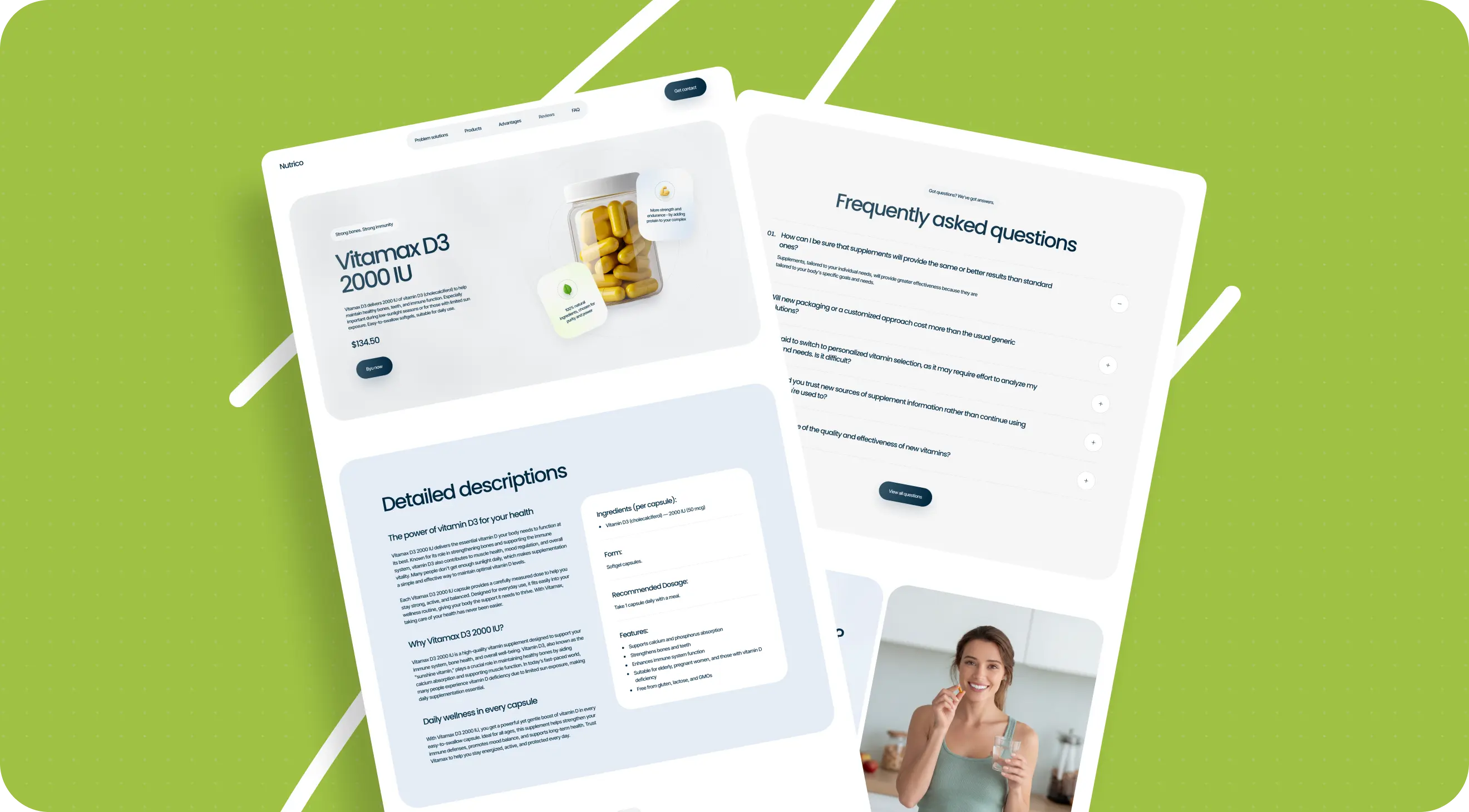 Healthcare website mockup featuring Vitamin D3 2000 IU supplements, FAQ and product details, plus a smiling woman on video call over green.