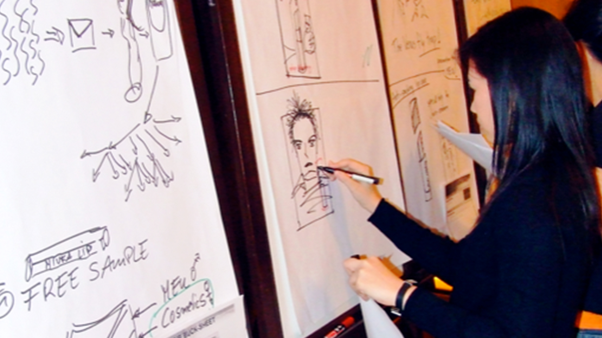 Sketching product concepts on a flipchart during the Beiersdorf innovation project
