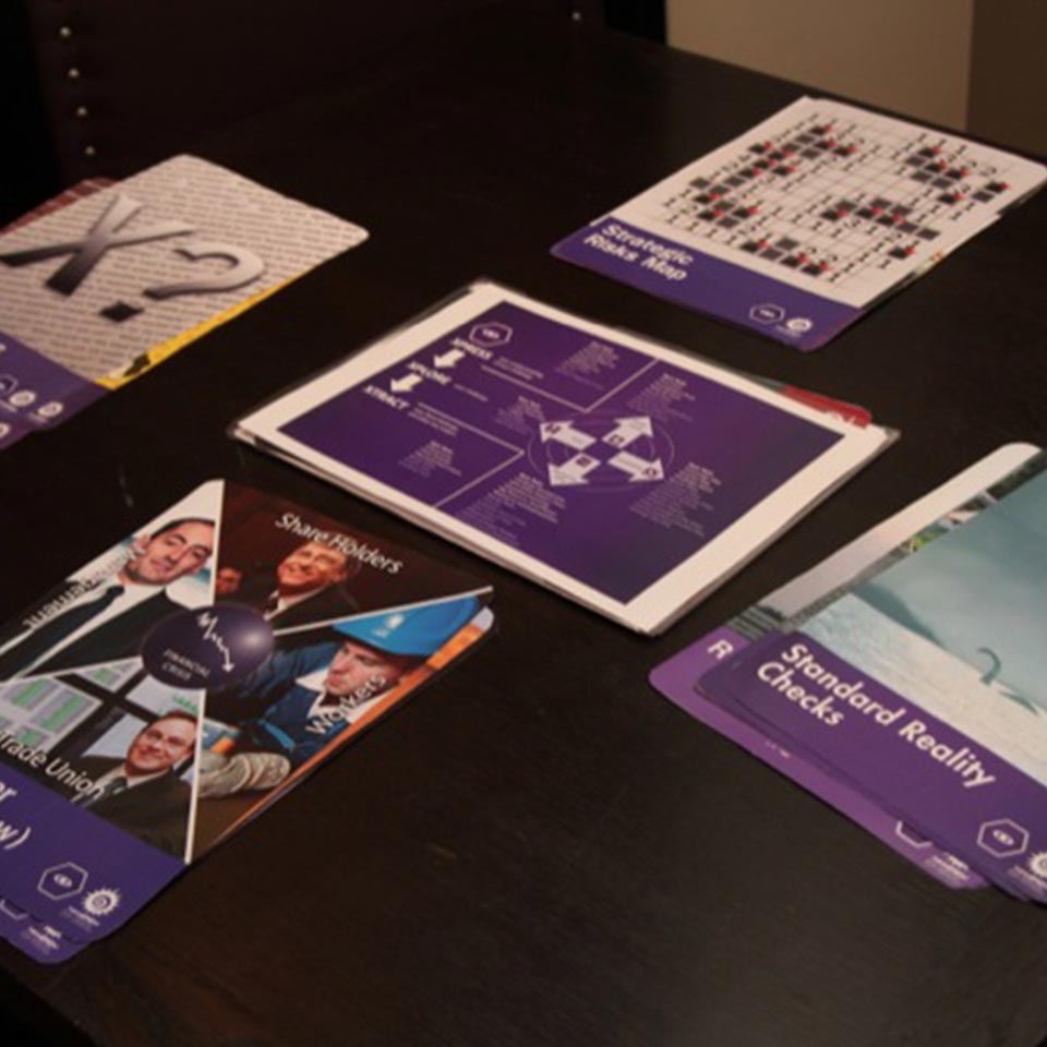 X-IDEA strategy tool cards spread on a dark table, Deutsche Bank project