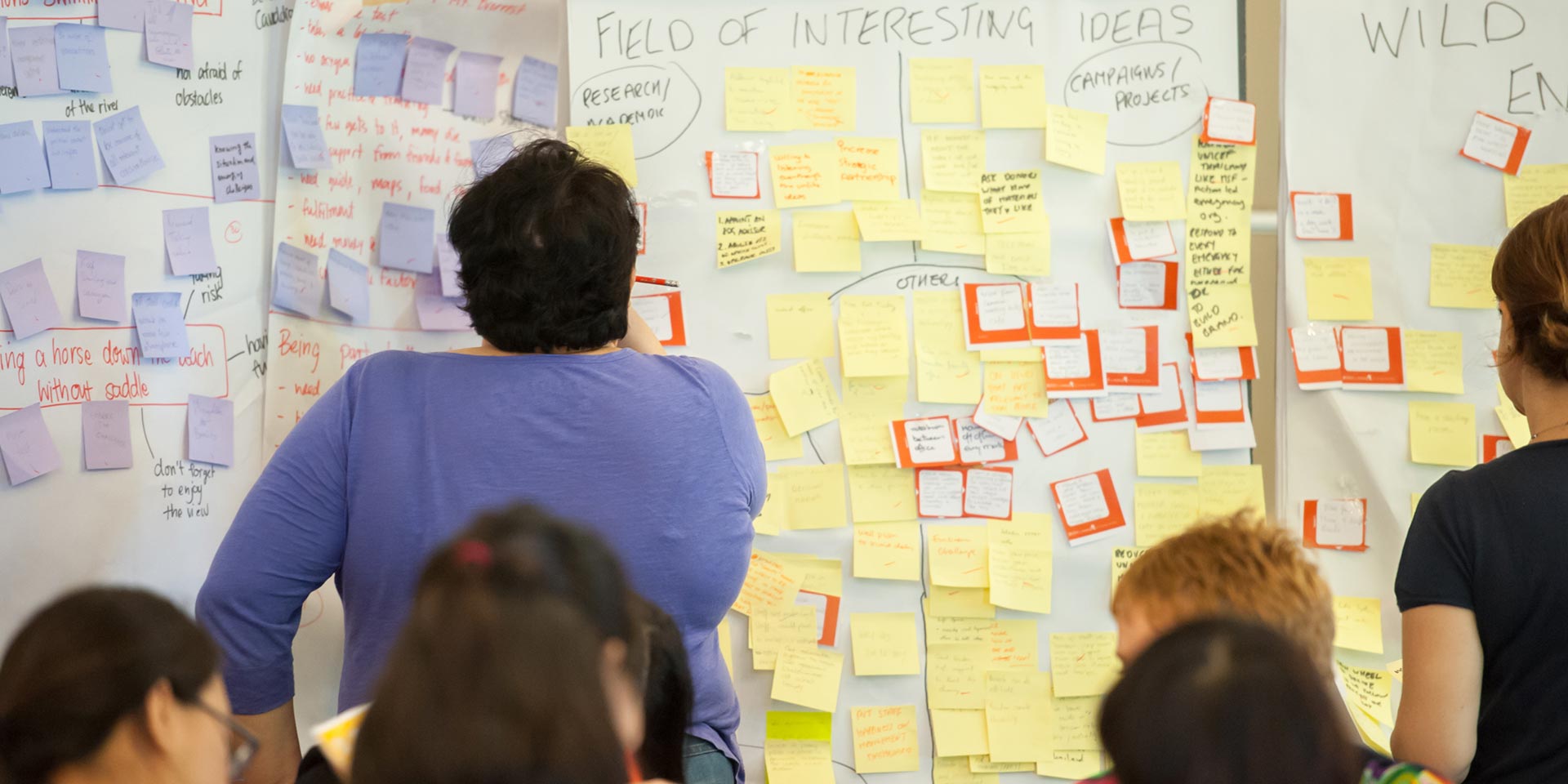 UNICEF team clustering sticky notes on a wall labelled Field of Interesting Ideas