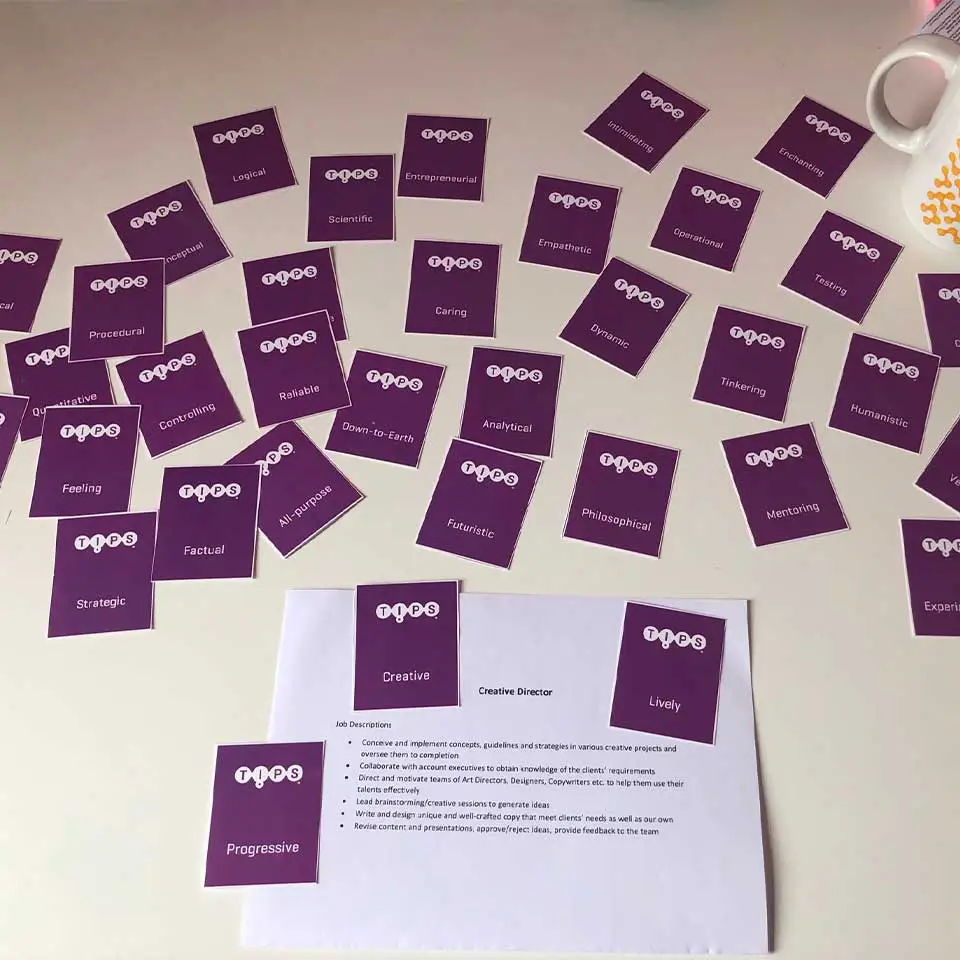 TIPS style cards spread around a Creative Director job description, Viva Creative Studio