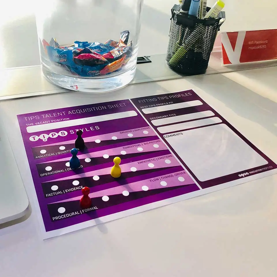TIPS talent acquisition sheet with game pieces on the styles scale, Viva Creative Studio