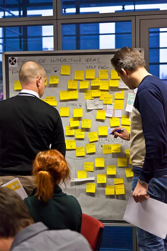 BMW team clustering yellow sticky notes on a Field of Interesting Ideas board