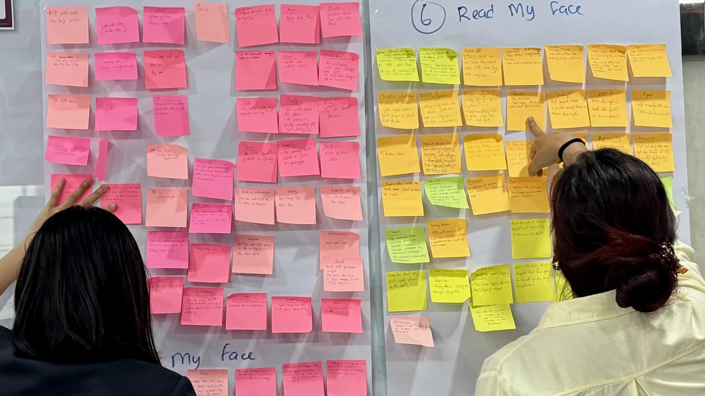 Two participants sorting sticky notes with raw ideas on the Read My Face wall