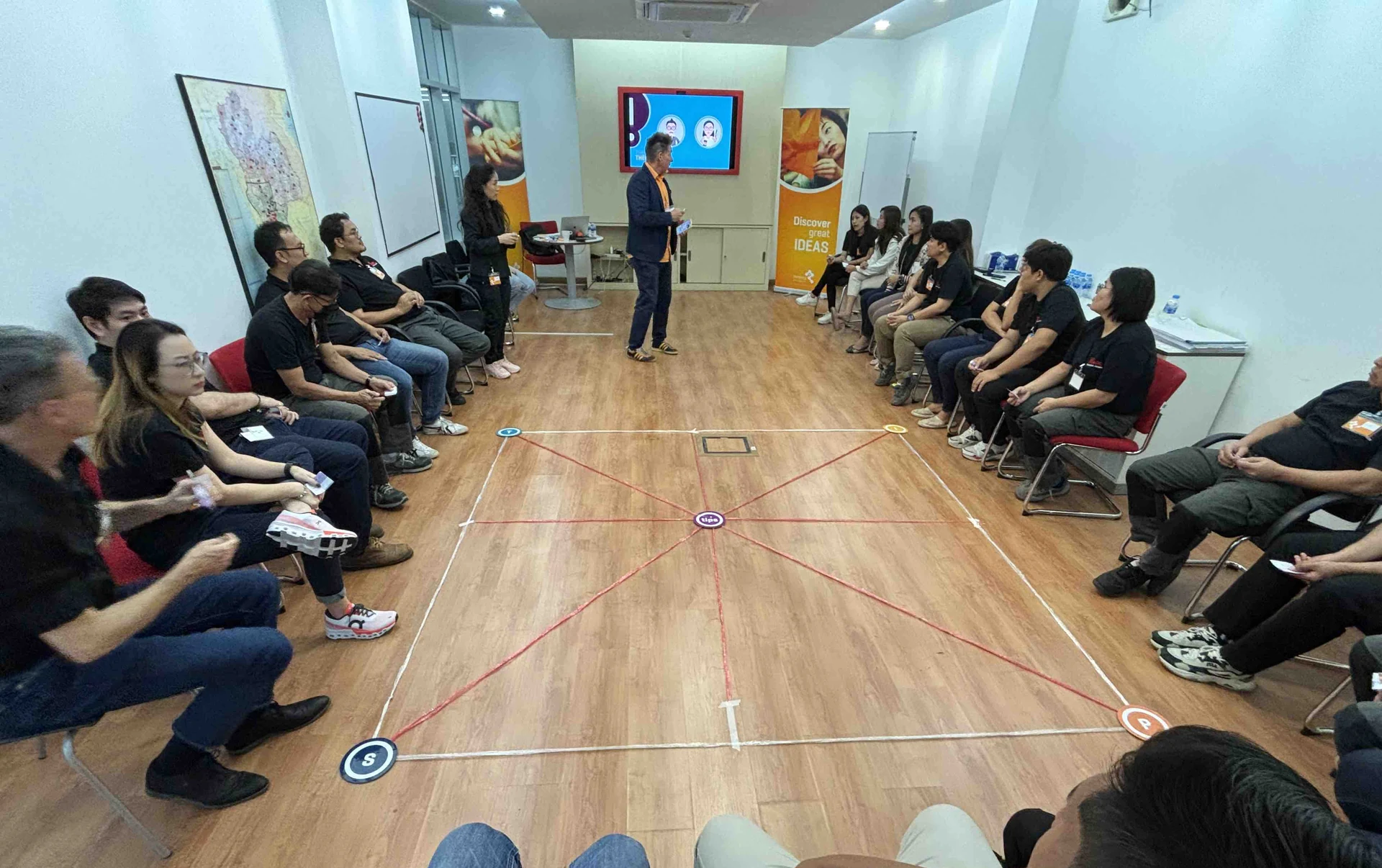 Ruwac Asia team seated around the TIPS Profiling Map laid out on the floor during the TIPS workshop