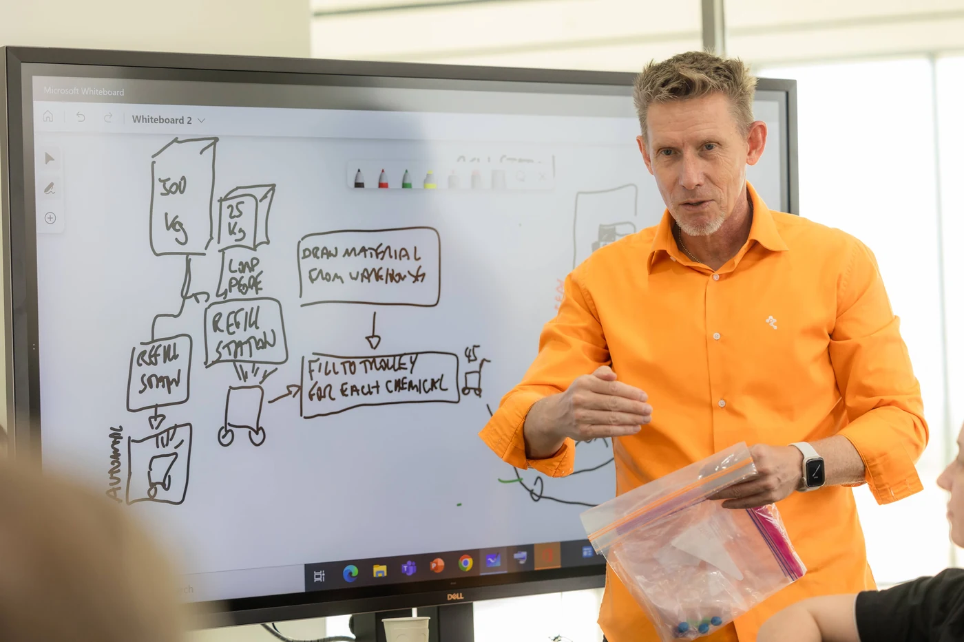 Dr. D explaining a process sketch on the screen to a Continental project team