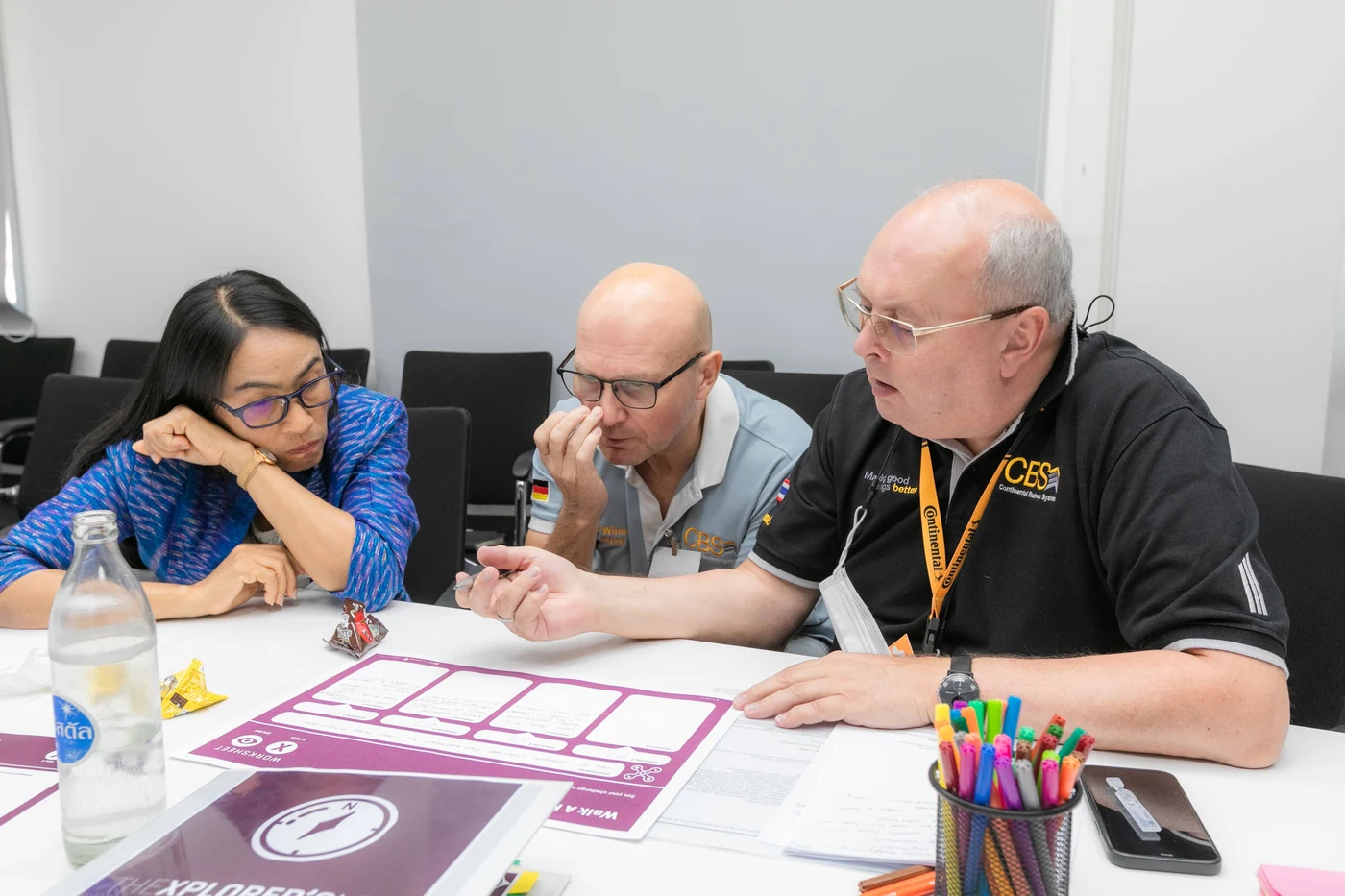 Continental team members working through cards and worksheets at the table