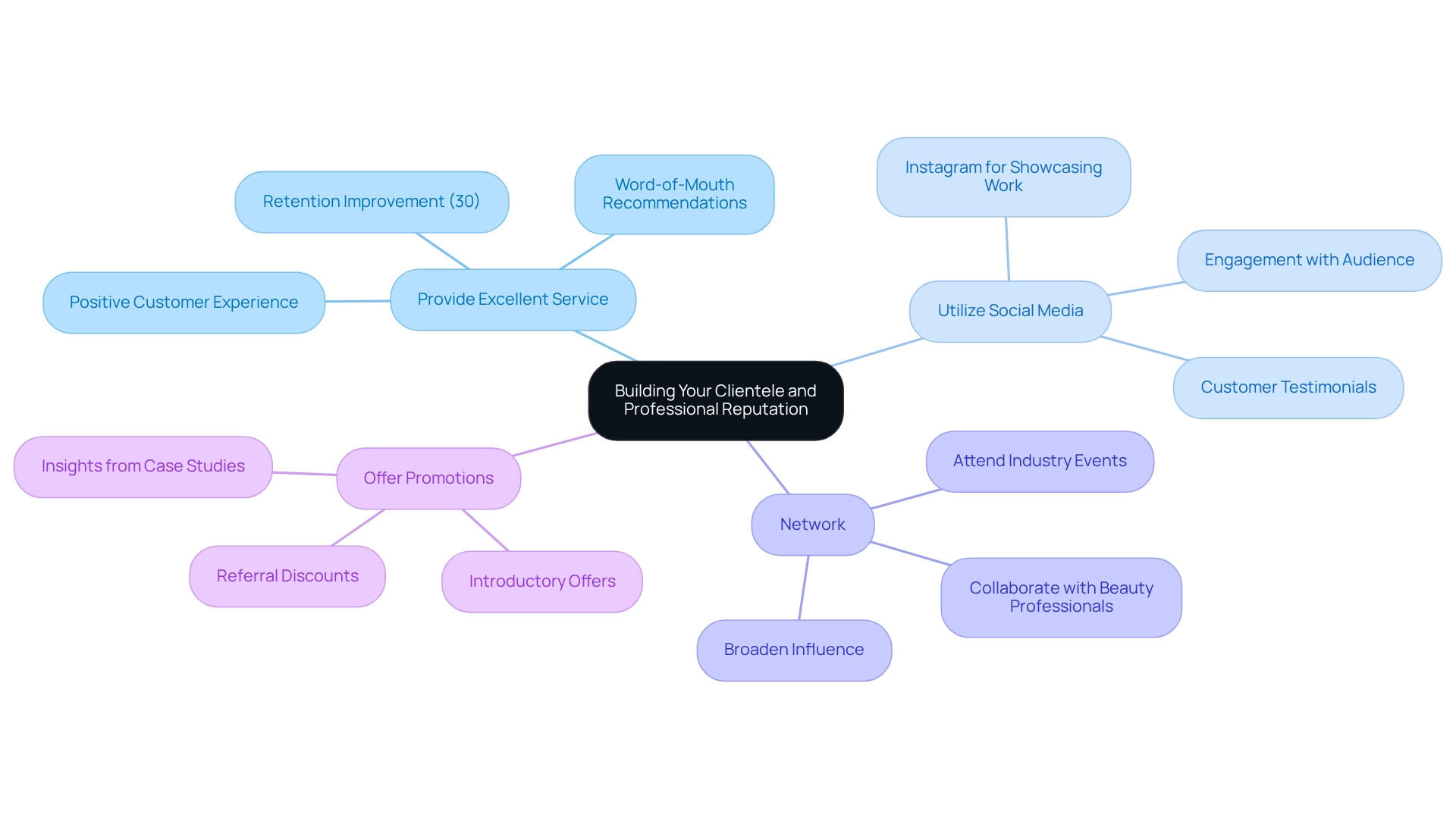 The central node represents the overall theme, with branches indicating the four key strategies for building clientele and professional reputation.