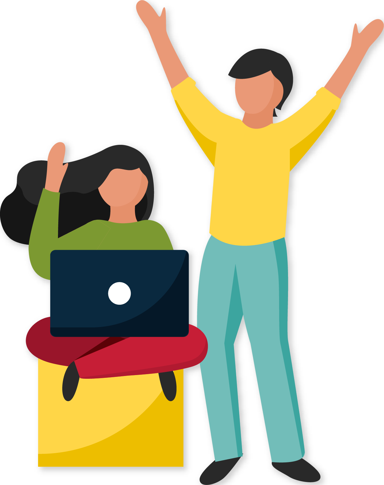 One person working with their computer, another person waving excitedly with their arms in the hair