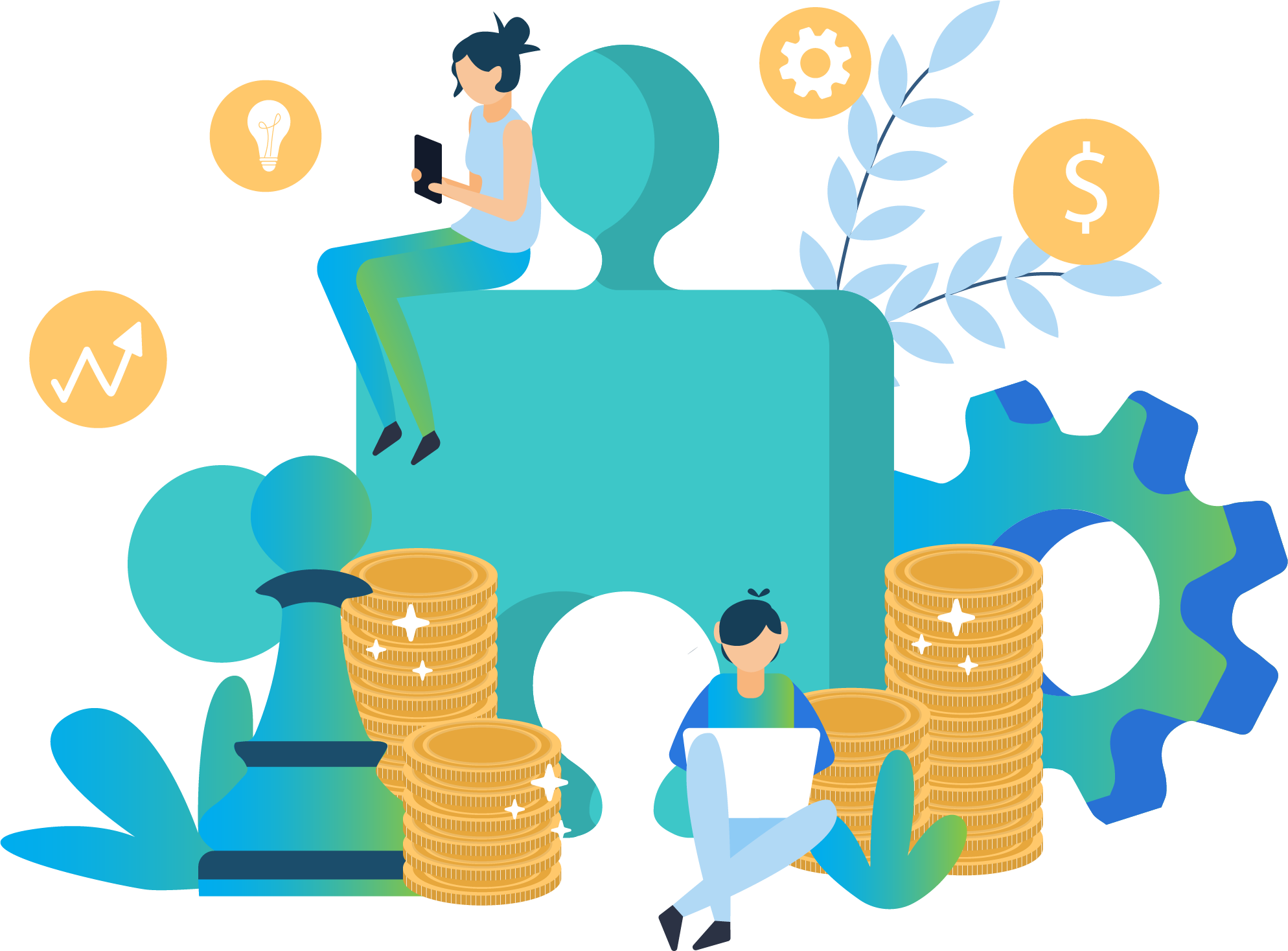 An illustration of a puzzle piece, a cog and a chess piece surrounded by people working