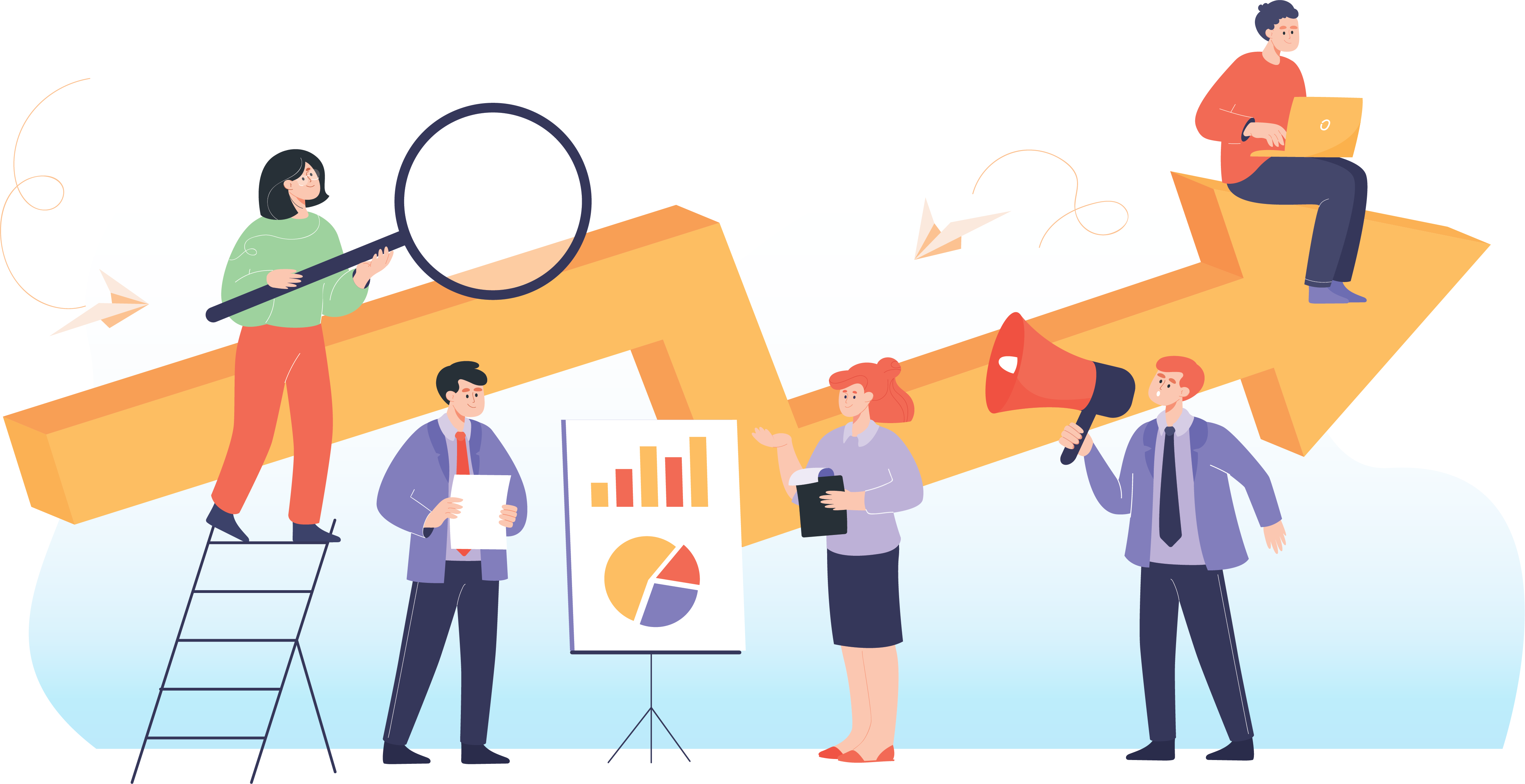 Four business people surrounding an arrow that is staggering towards the top right of the image, with another person sitting and working atop the arrow head