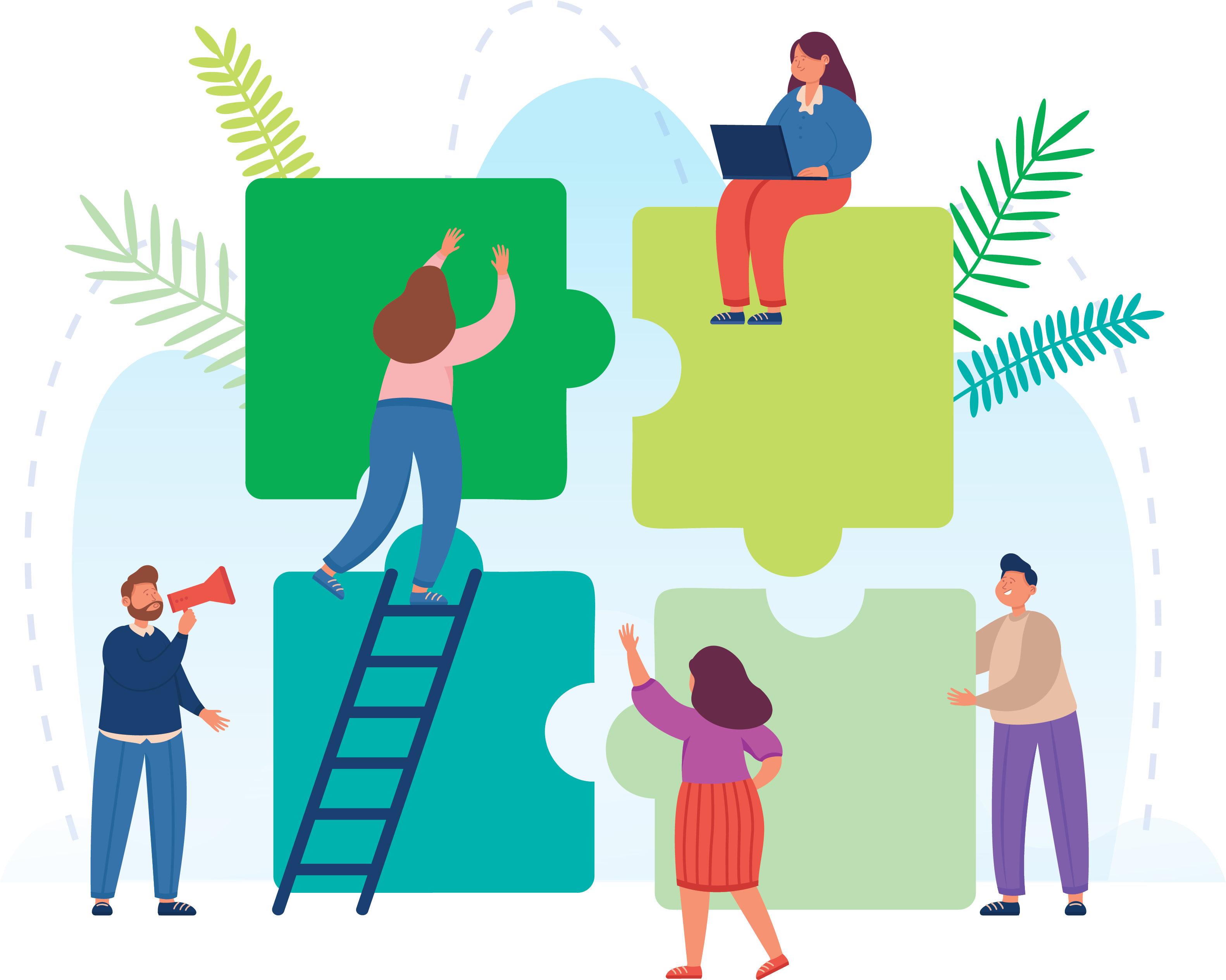 An illustration of four puzzle pieces coming together, with four people on either sides orchestrating how they will join together