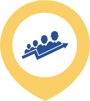 A group of people above a staggered arrow pointing towards the top right