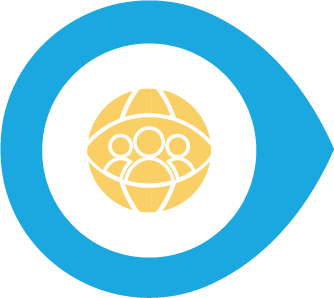 Three people inside a globe-like circle