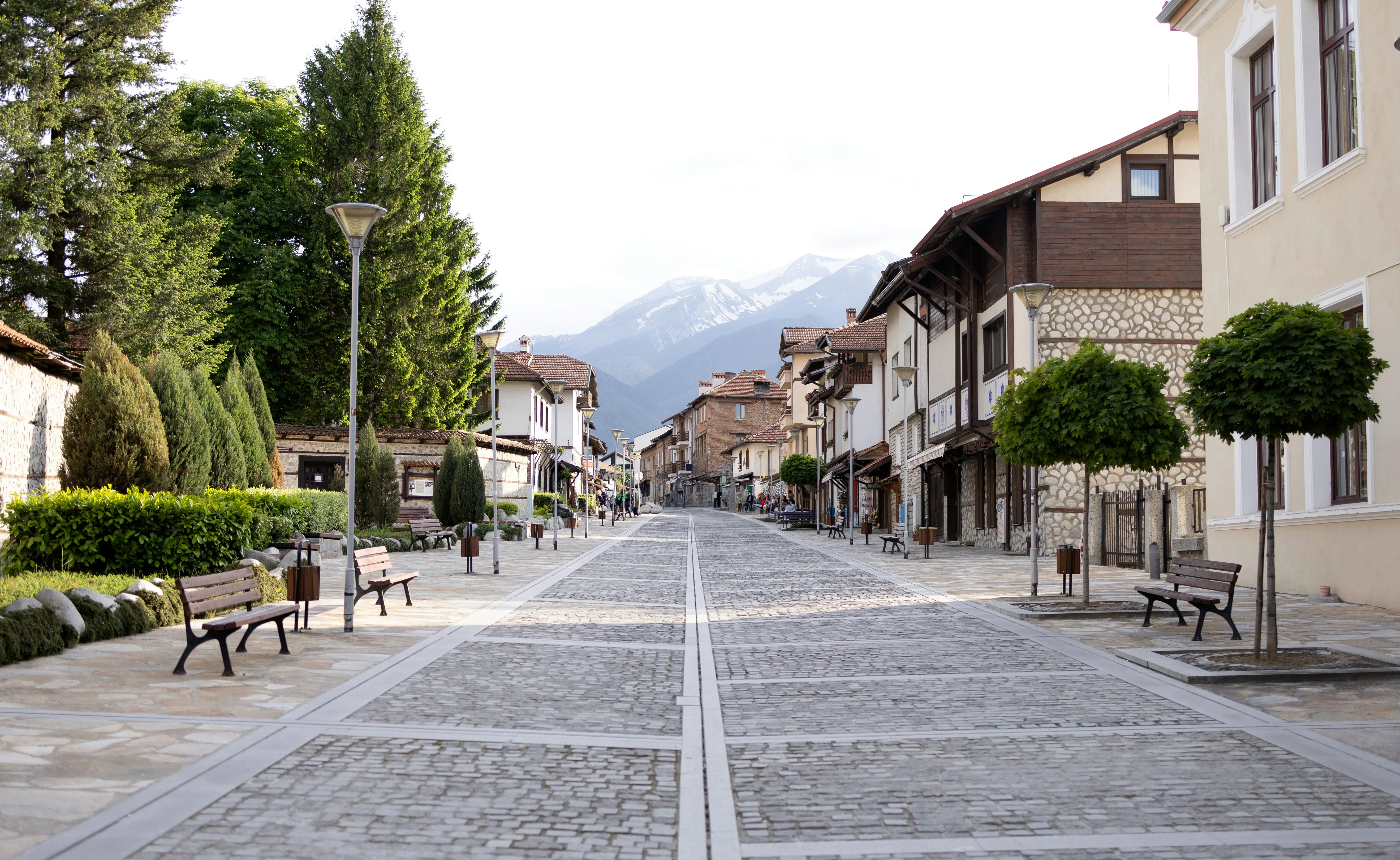 Cobblestone street lined with benches, trees, and lampposts, leading to rustic buildings with mountains in the background.