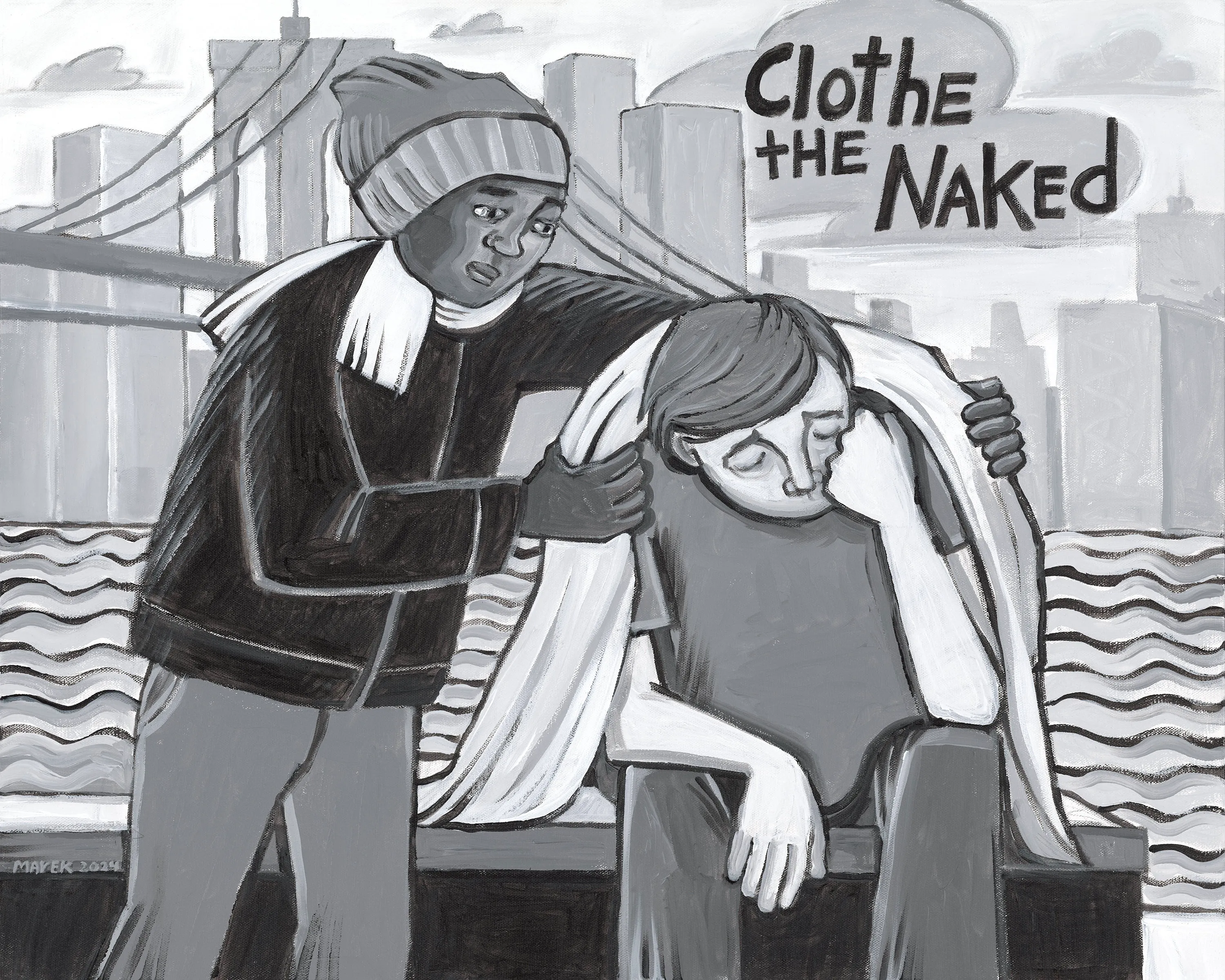 illustration of the Corporal Works of Mercy "Cloth the Naked"