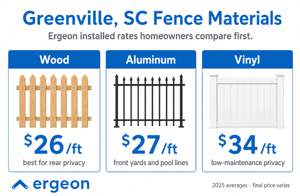 Comparison of Fence Material Installed Costs in Greenville, SC (2025 Averages) This image presents a cost comparison of different installed fence materials in Greenville, South Carolina as of 2025 averages. It highlights three common fence types: Wood, Aluminum, and Vinyl. The wood fence costs $26 per linear foot and is noted for being best suited for rear privacy. The aluminum fence costs $27 per linear foot and is typically used for front yards and pool lines. The vinyl fence has the highest cost at $34 per linear foot, offering a low-maintenance privacy solution. The comparison is provided by Ergeon, with a note that final prices may vary.